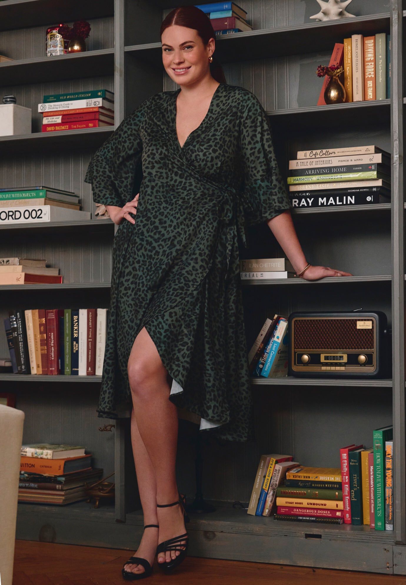 Charlotte Wrap Ruffle Dress, OLIVE GREEN ANIMAL, hi-res image number 0