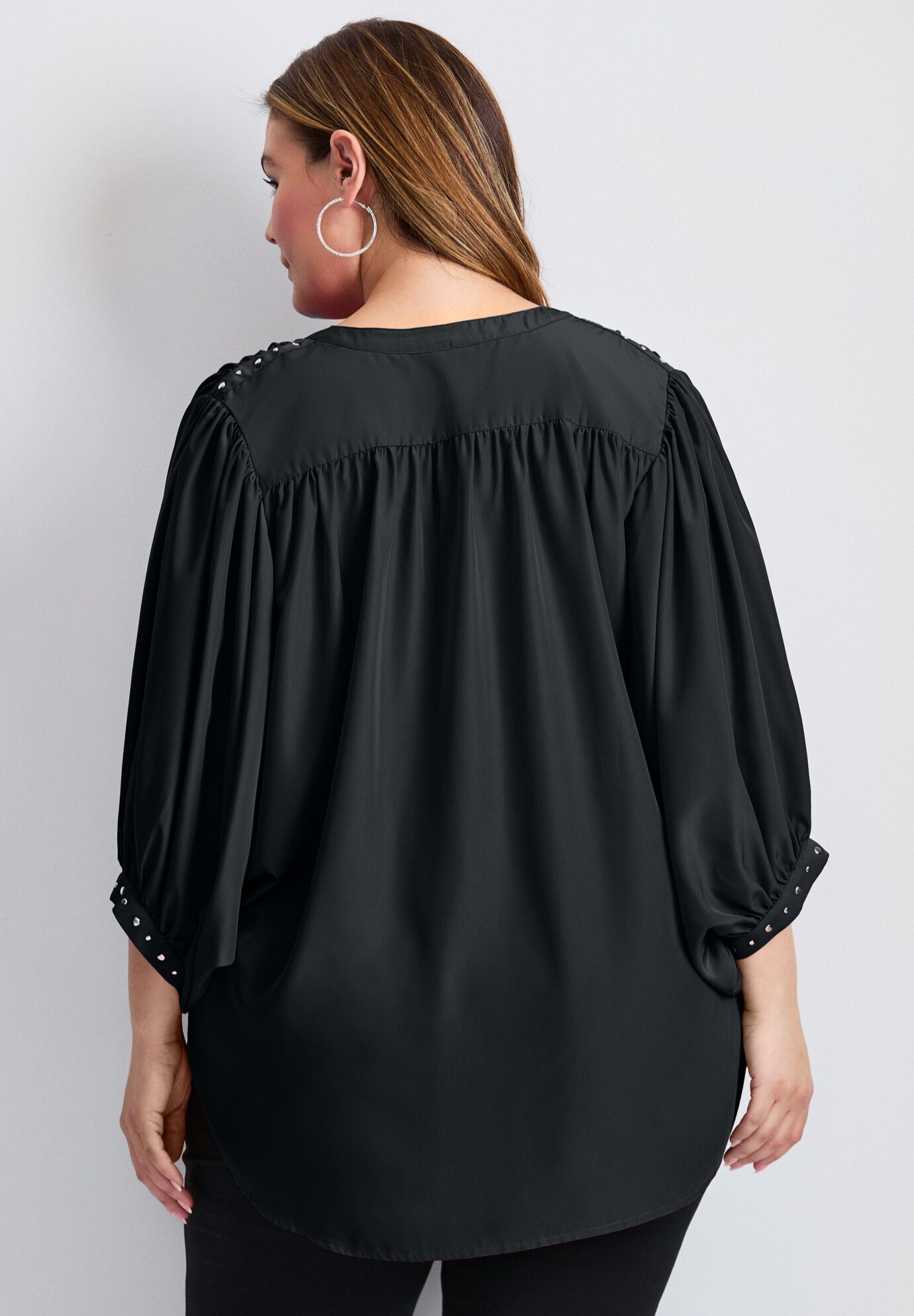 Studded Blouson Sleeve Blouse, BLACK, alternate image number 2