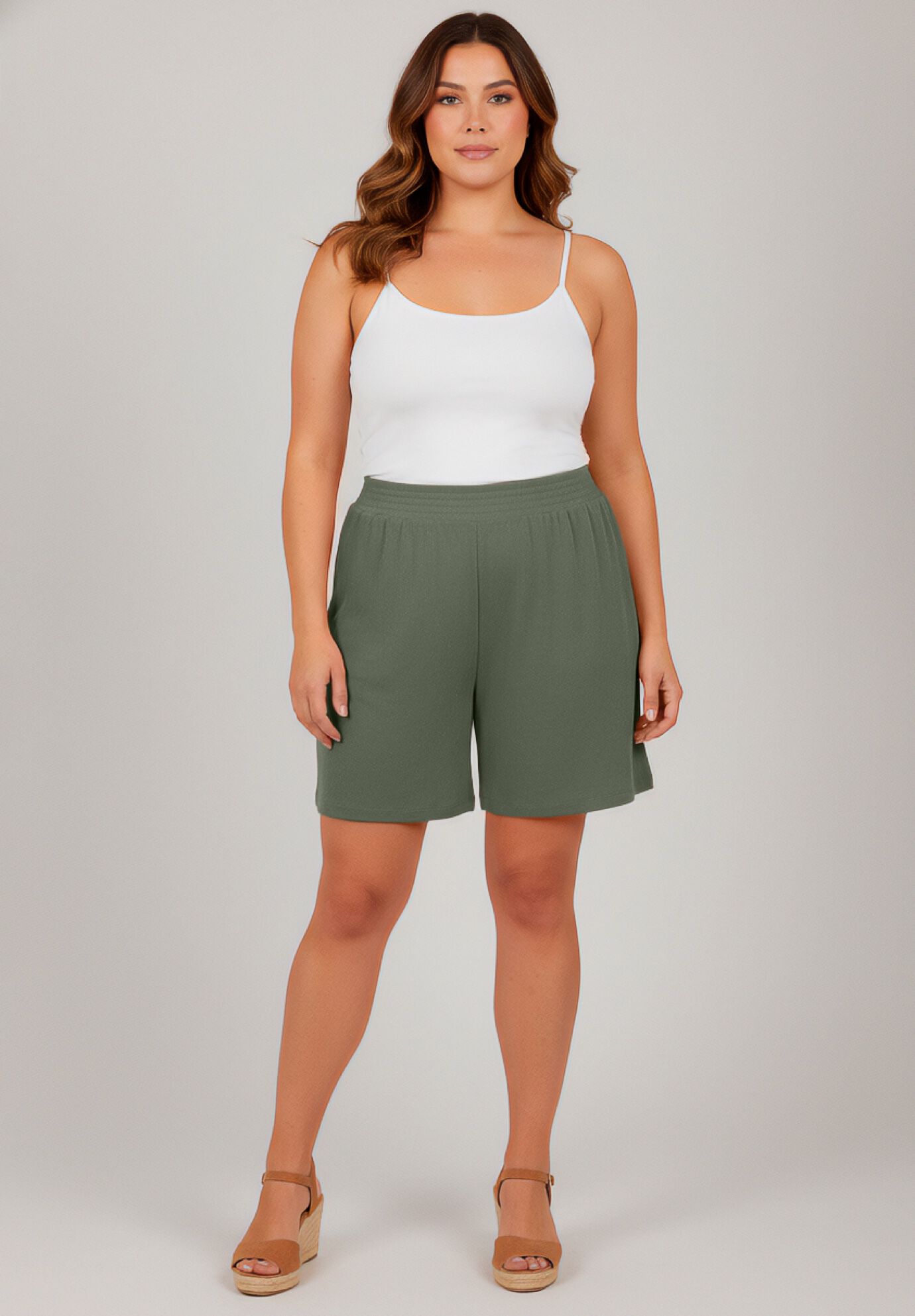 Knit Gauze Smocked Shorts, OLIVE GREEN, alternate image number 5