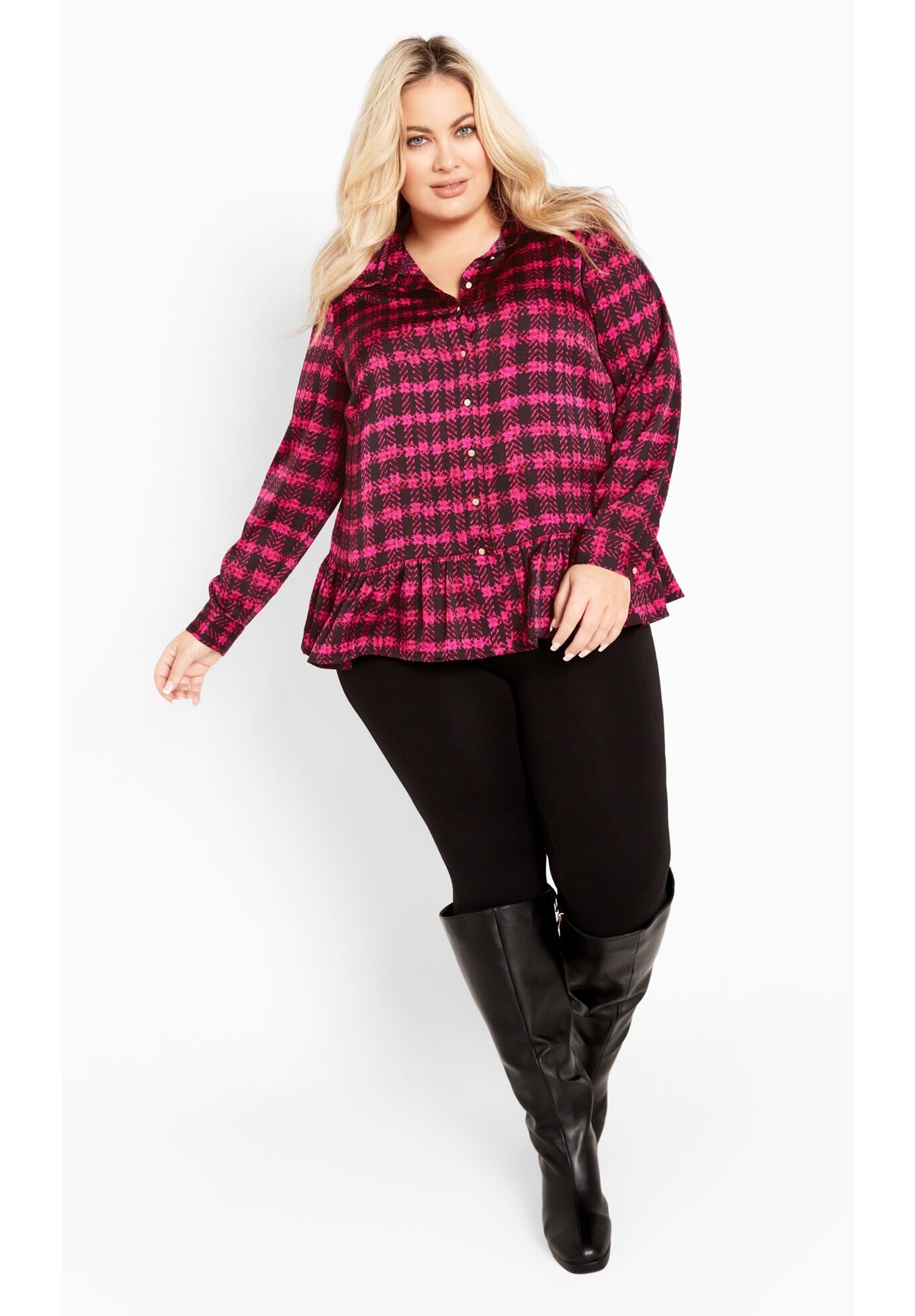 Gracie Full Sleeves Ruffle Shirt, PINK CHECK, alternate image number 1