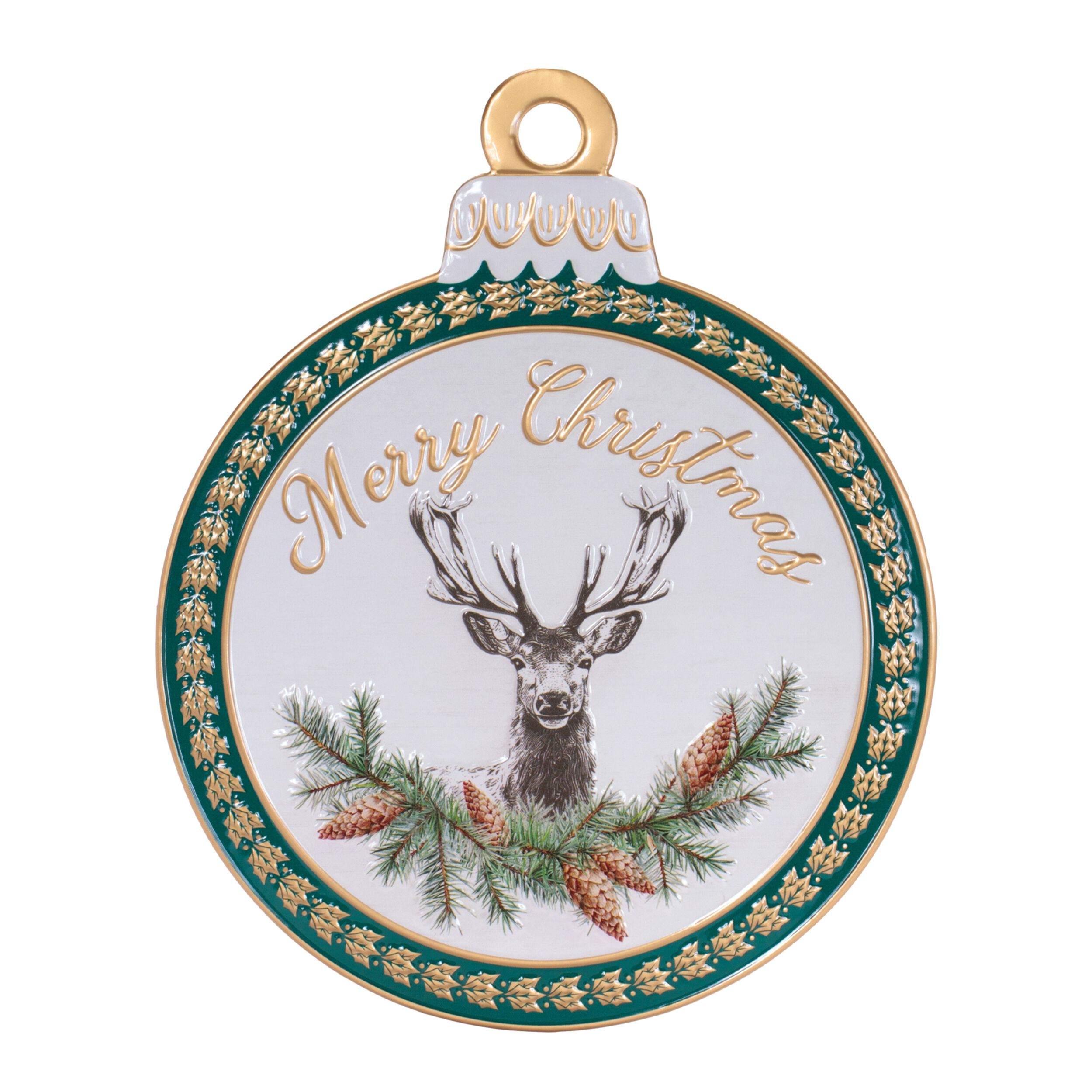 Merry Christmas Deer Ornament Wall Sign 15 inchesH, WHITE GREEN, hi-res image number 0
