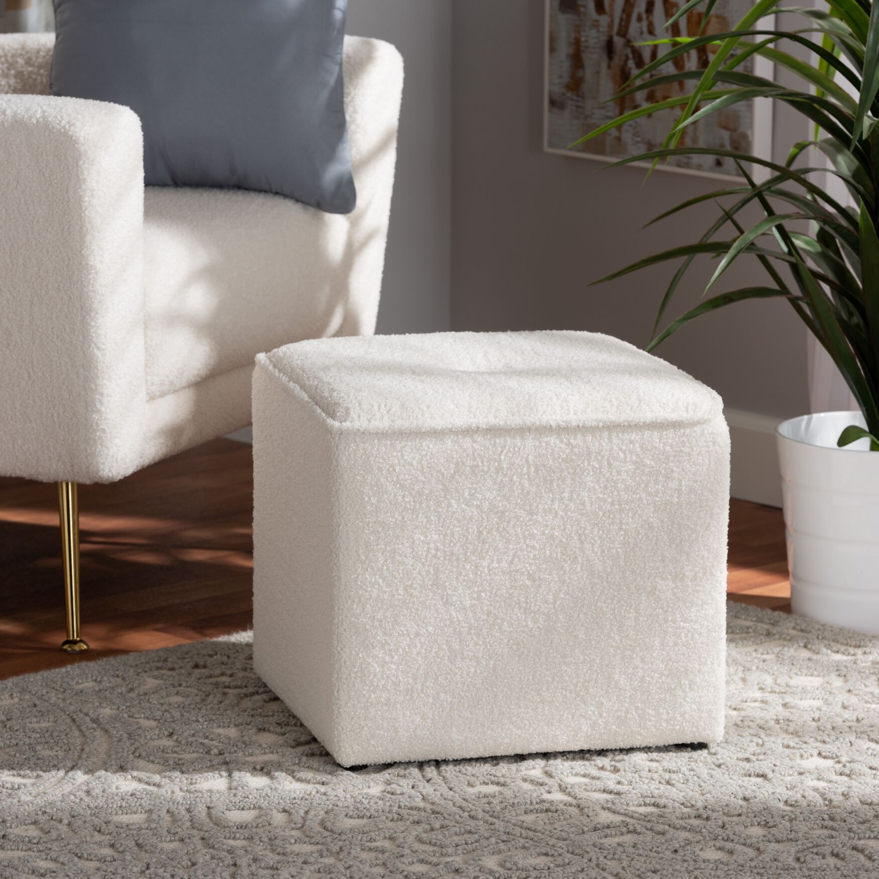 Isaiah Modern And Contemporary Ivory Boucle Upholstered Ottoman, , alternate image number 4