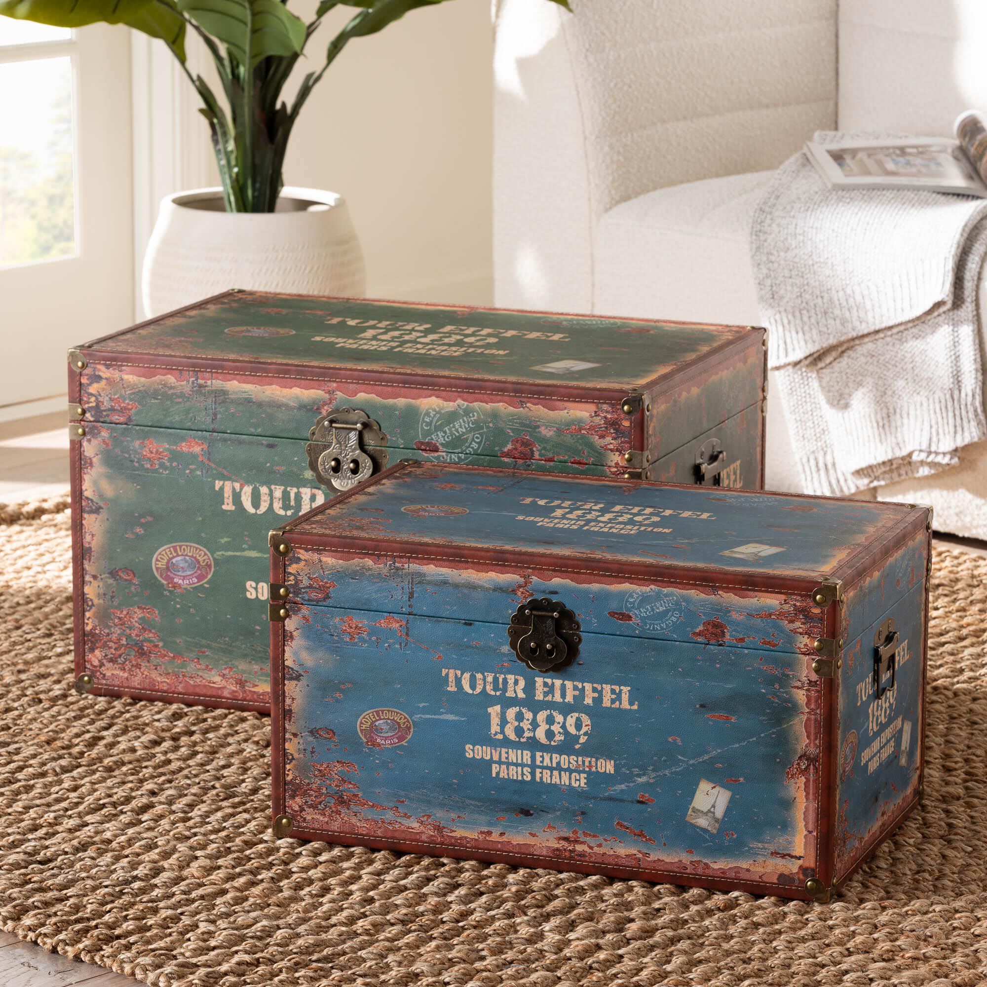 Sabeen Vintage Parisian Faux Leather and Wood 2-Piece Storage Trunk Set, GREEN, hi-res image number 0