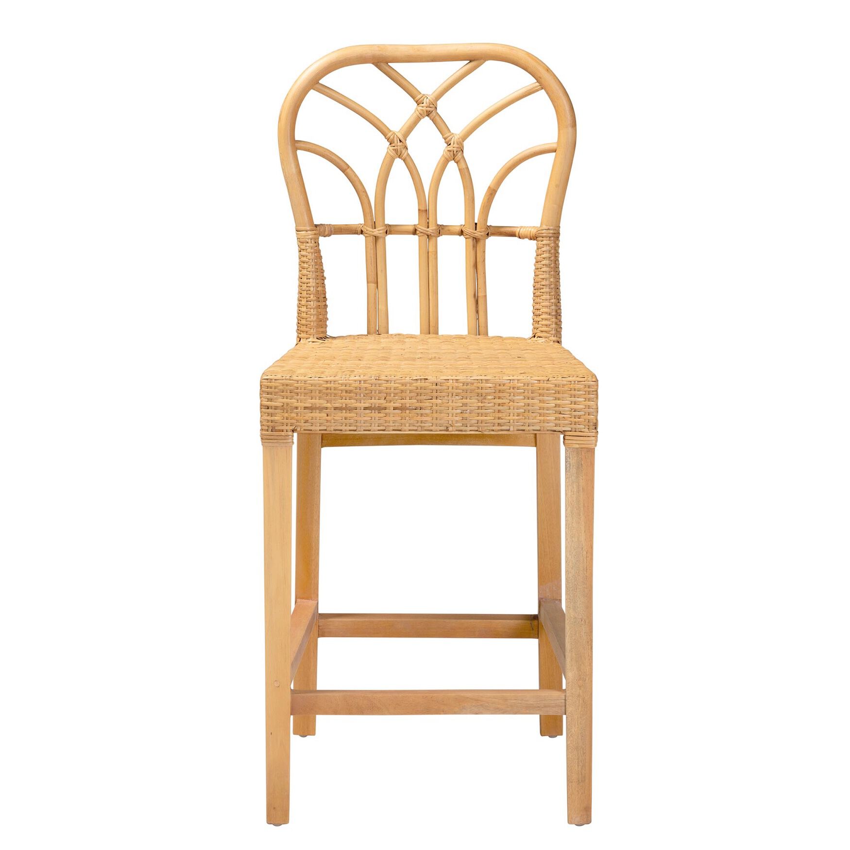 Monaco Modern Bohemian Natural Rattan And Mahogany Wood Counter Stool, , on-hover image number 1