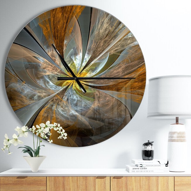 Symmetrical Yellow Fractal Flower Modern Wall Clock, YELLOW, hi-res image number 0