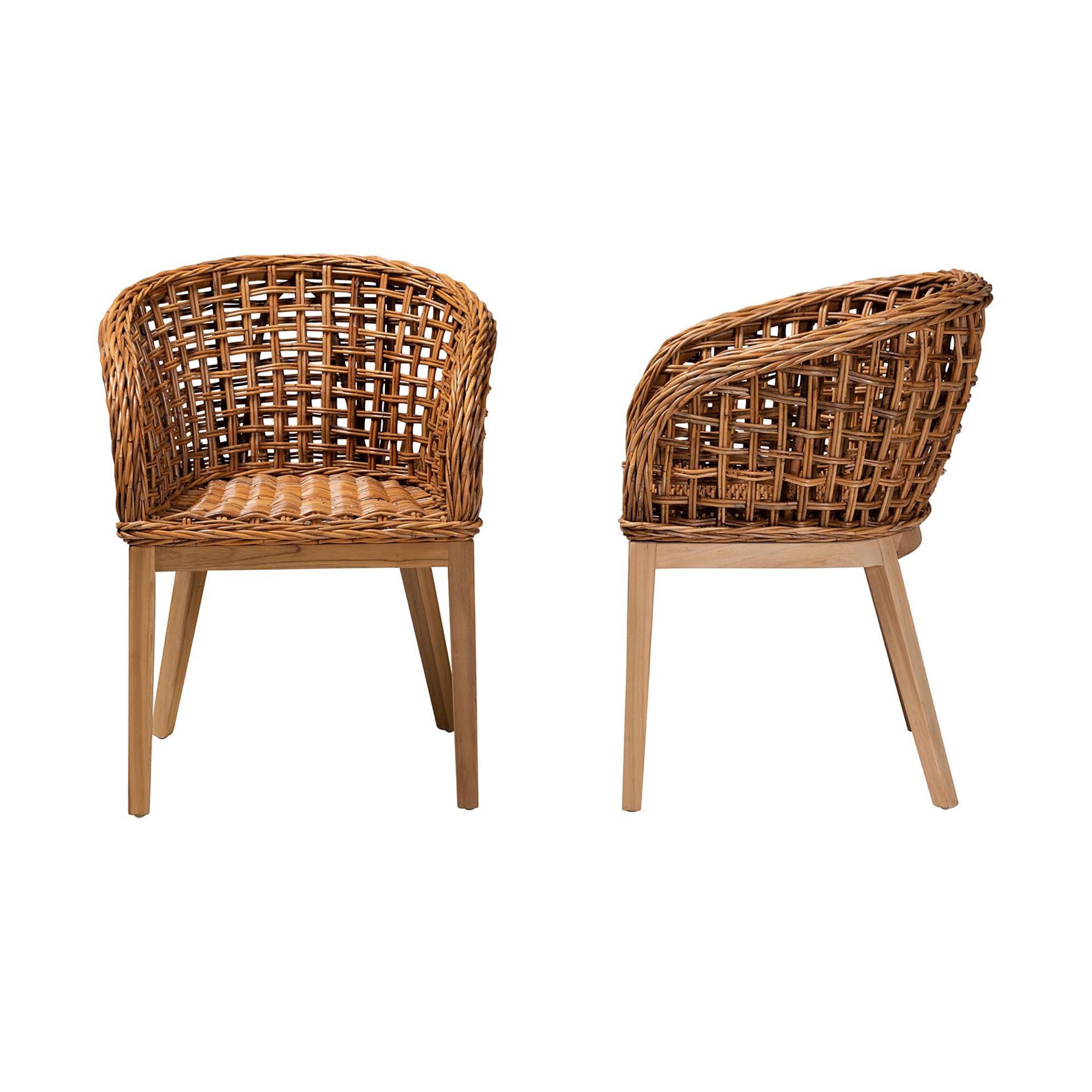 Mario Modern Bohemian Natural Brown Finished Teak Wood And Rattan 2-Piece Dining Chair Set, , alternate image number 2