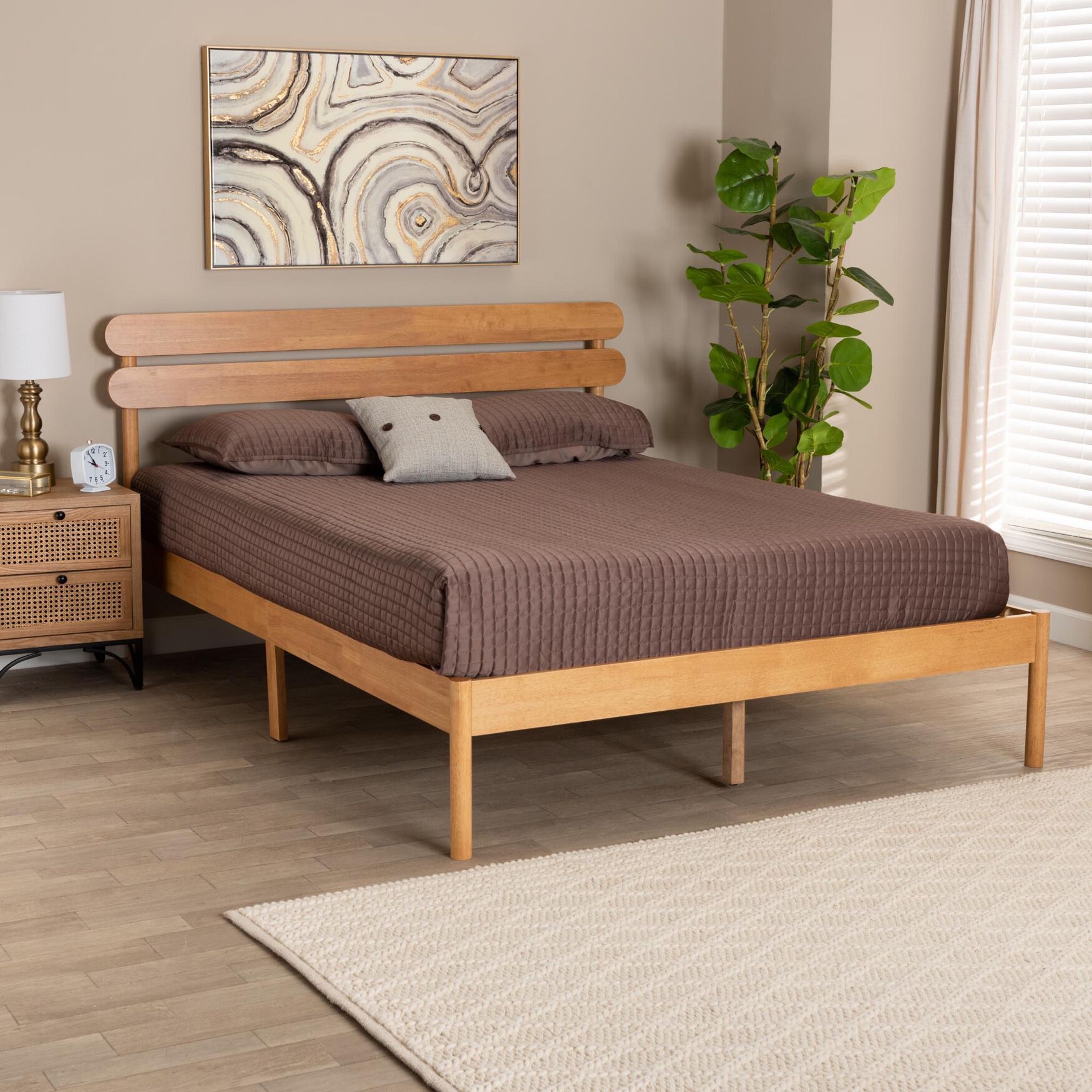 Quincia Japandi Sandy Brown Finished Wood Queen Size Platform Bed, , alternate image number 6