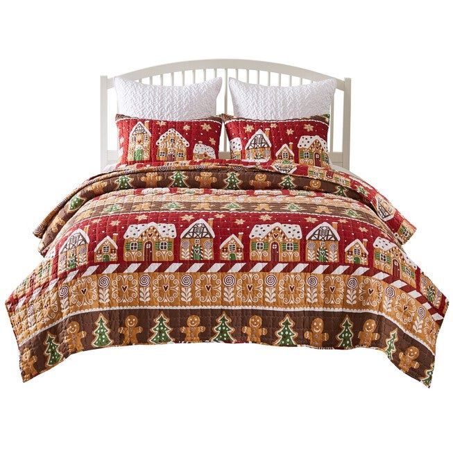 Gingerbread Lane Novelty Holiday Quilt Set, Red, 3-Piece Full/Queen, RED, alternate image number 3