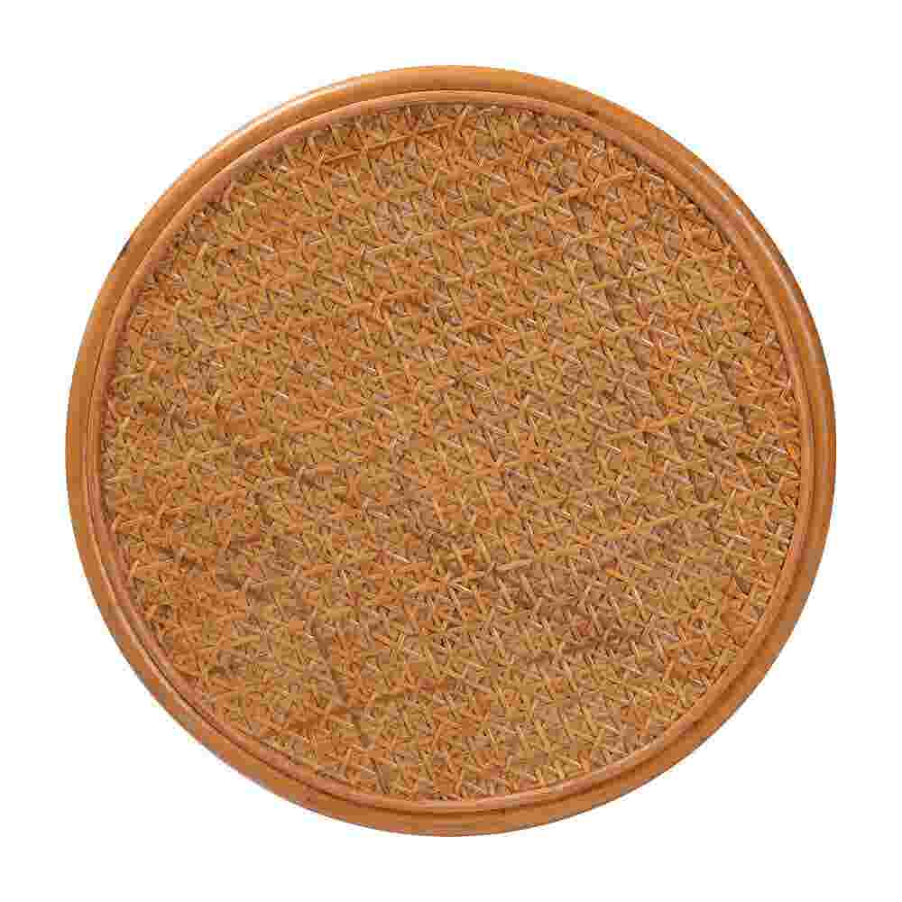 Top view of large honey rattan end table with round woven surface
