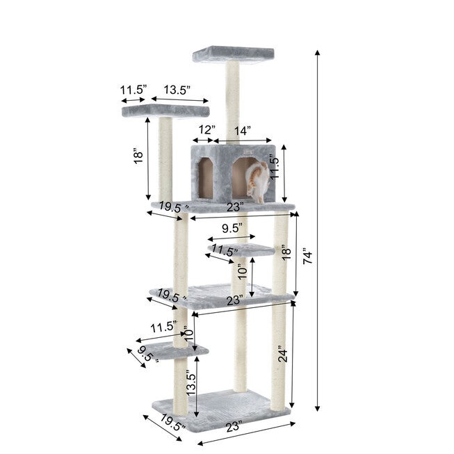 Gleepet 74 inches Real Wood Cat Tree With Seven Levels, Silver Gray, , alternate image number null
