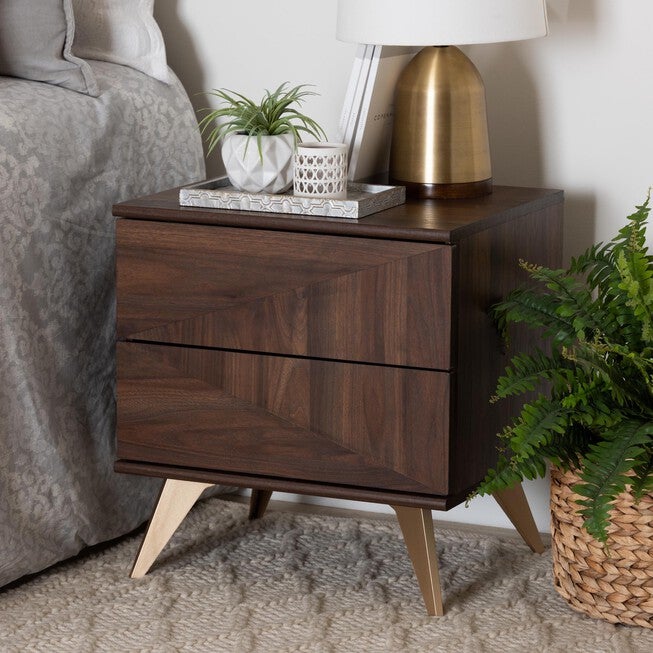 Graceland Mid-Century Modern Transitional Walnut Brown Finished Wood 2-Drawer Nightstand, , alternate image number null