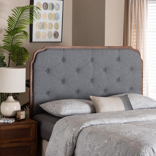 Shanti Classic And Traditional Grey Fabric And Walnut Brown Finished Wood King Size Headboard, , alternate image number null