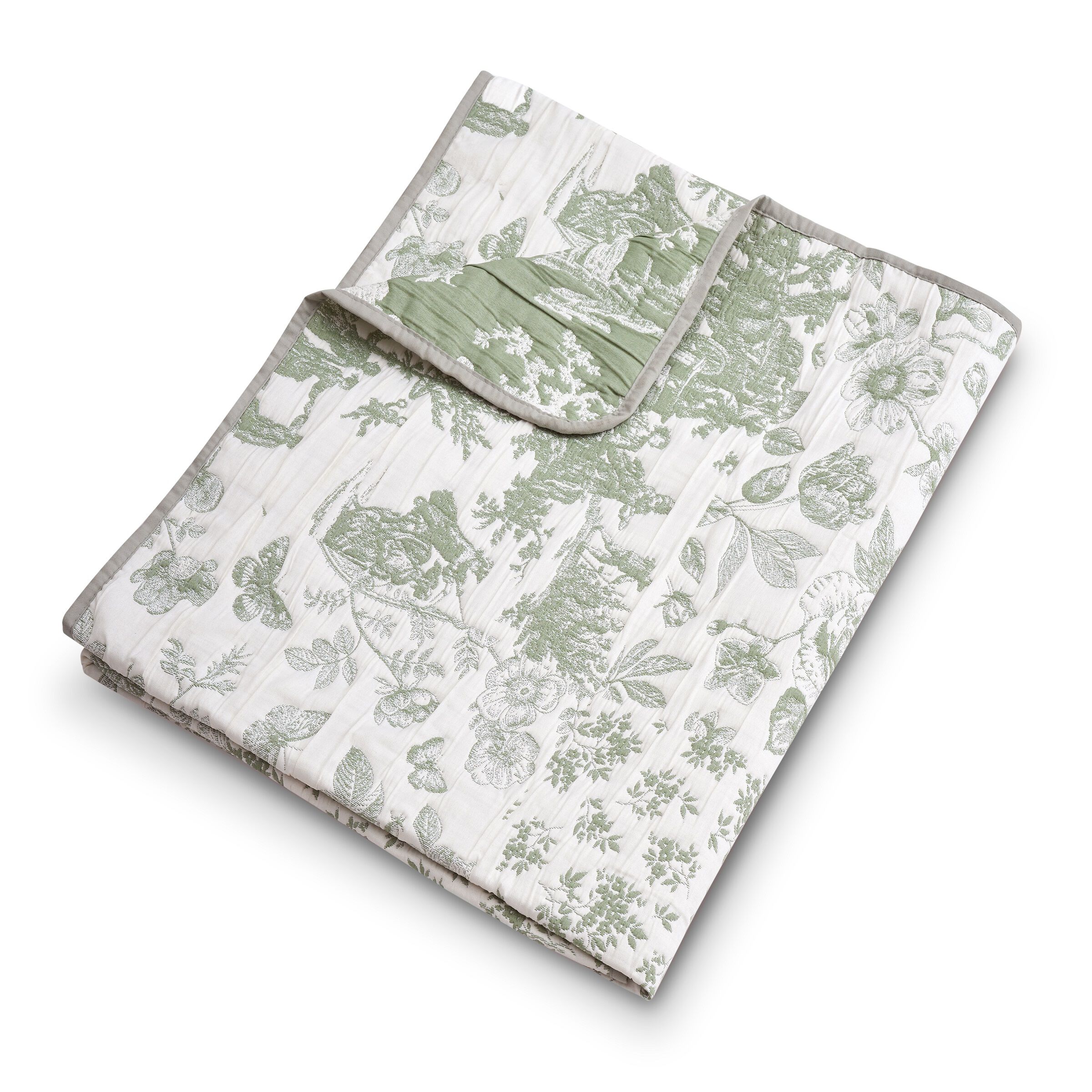 Patchwork Toile Classic Floral Throw Blanket, SAGE, alternate image number 4