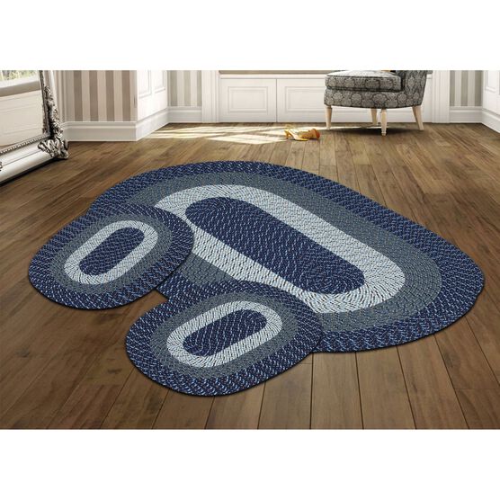 Country Braid Collection 3pc Set Stain Resistant Reversible Indoor Oval Area Rug, DARK BLUE STRIPE, hi-res image number null
