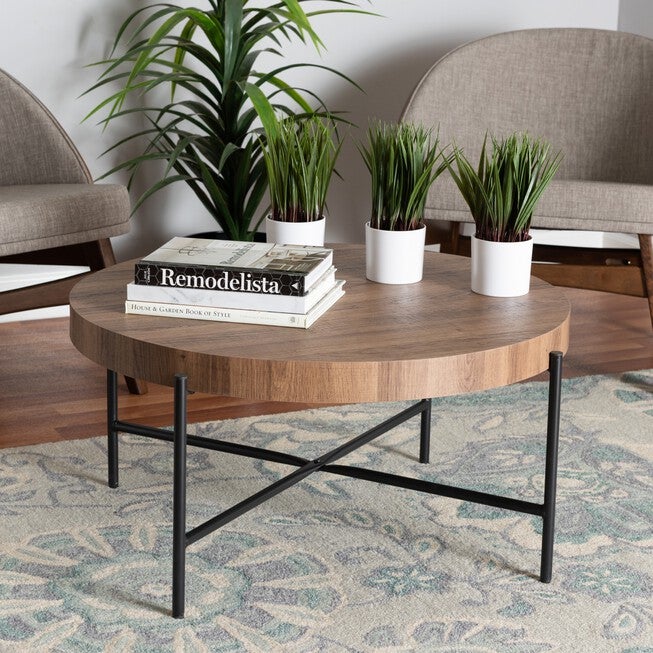 Umar Modern Industrial Walnut Brown Finished Wood And Black Metal Coffee Table, , alternate image number null