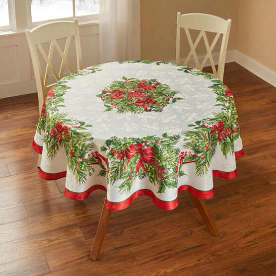 Holly Ribbon Tablecloth 70&quot;Round, MULTI