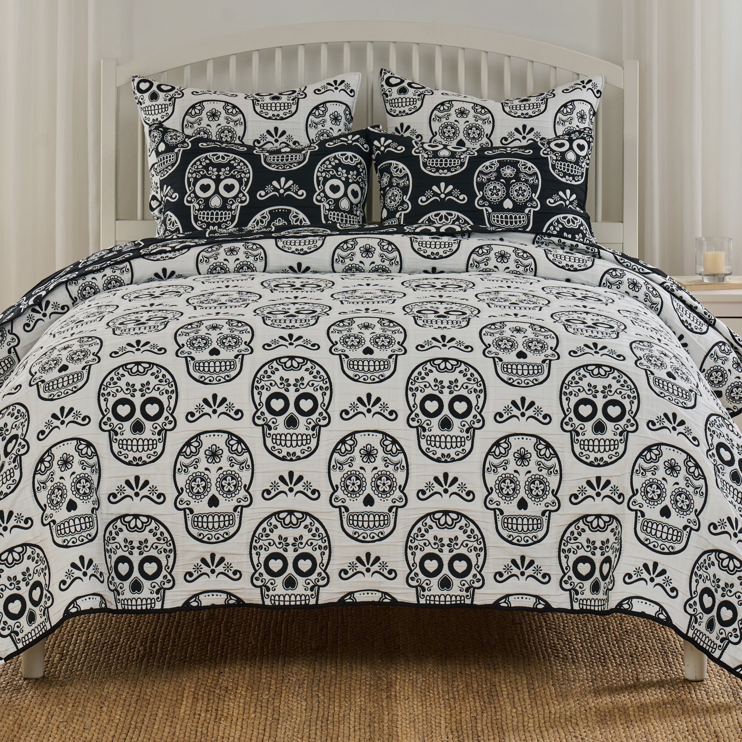 Sugar Skull Novelty Halloween Skull Coverlet Set, BLACK, alternate image number 2