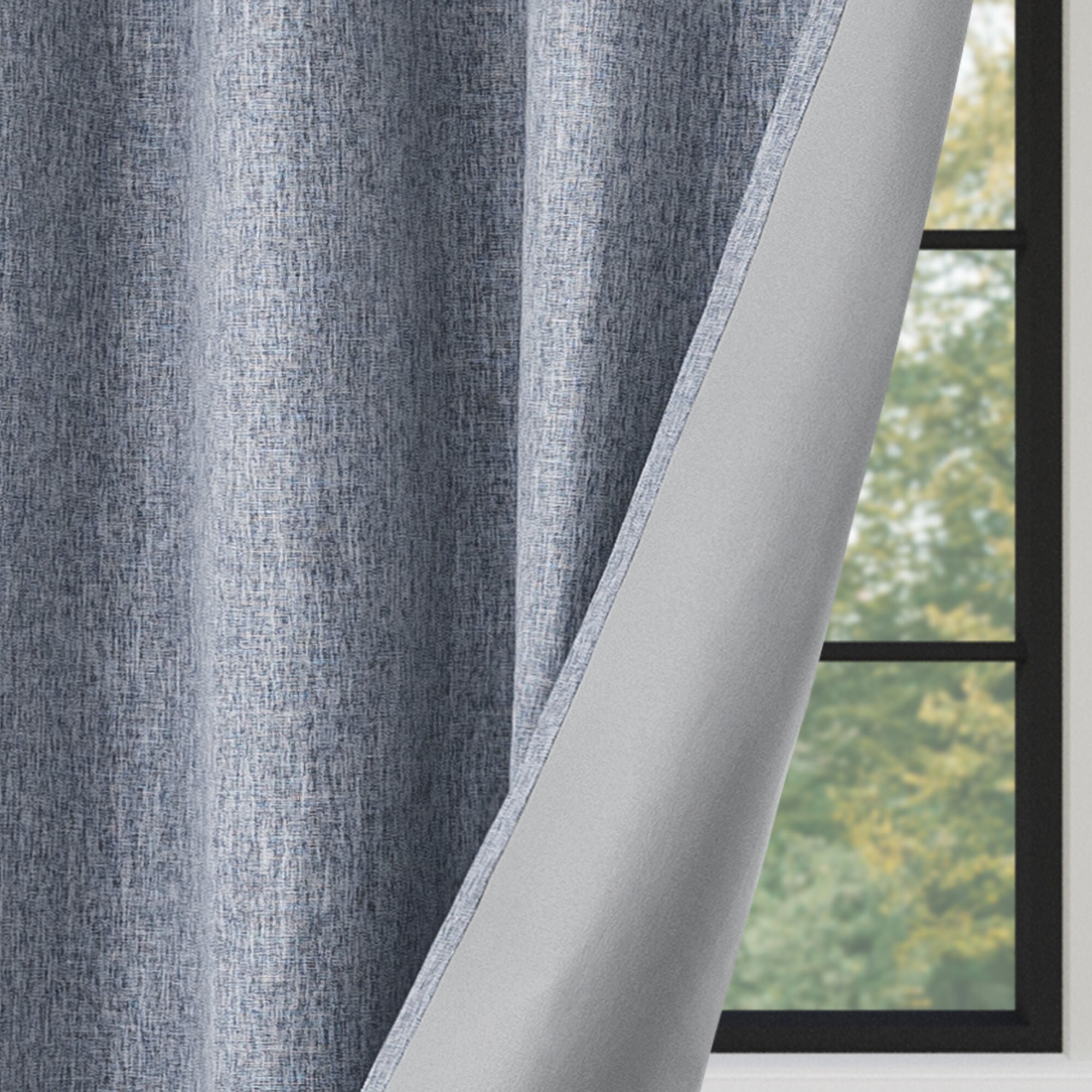 Linen Texture 100% Blackout Grommet Pair, HEATHER BLUE, on-hover image number 1