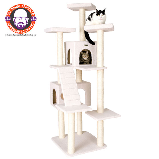 Classic 77" Multi Levels Real Wood Cat Tree With Ramp, Three Perches, Two Condos, IVORY, hi-res image number null