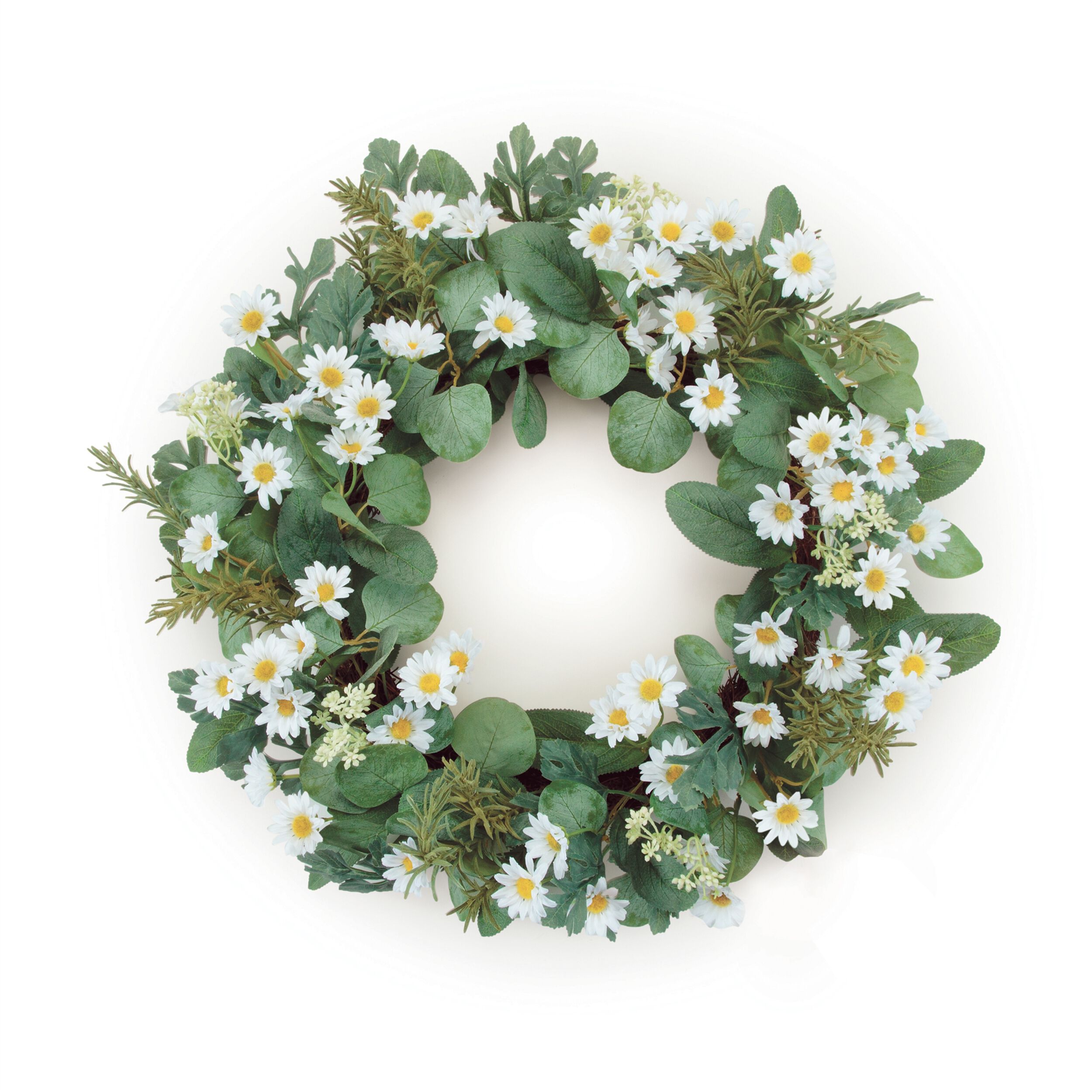 Mini Daisy and Foliage Wreath 22IND, WHITE GREEN, hi-res image number 0