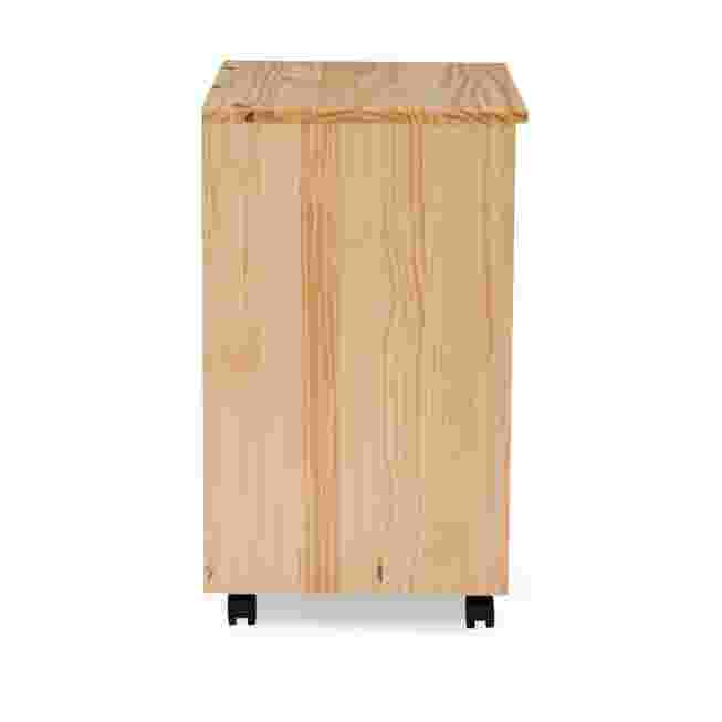 Side view of a light wood rolling storage cart with wheels.