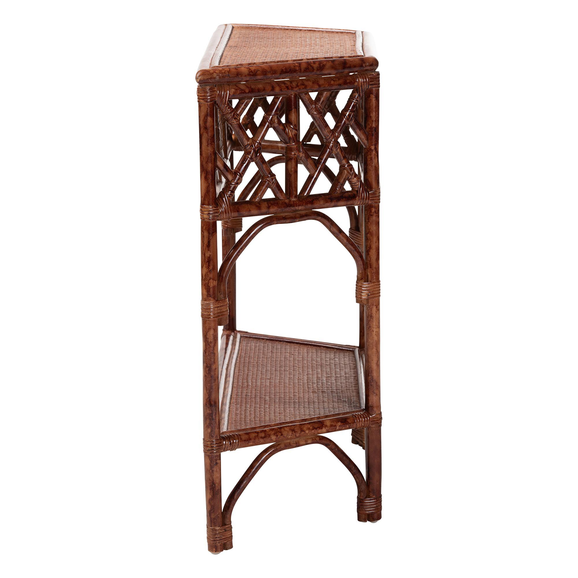 Side view of a rattan console table with lattice design and lower shelf.