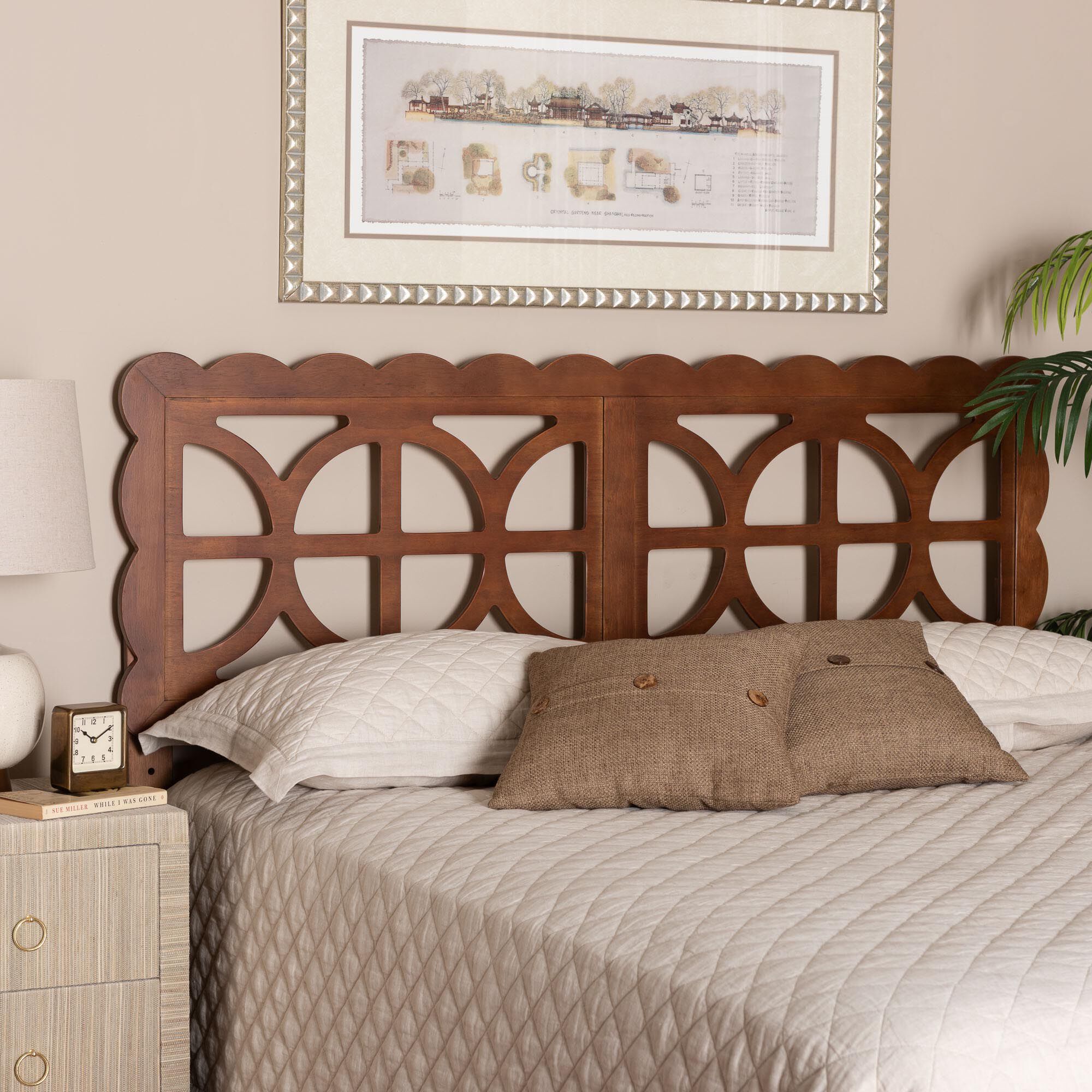 Nansen Wood Headboard with Scalloped Frame, Full, Walnut, BROWN, hi-res image number 0