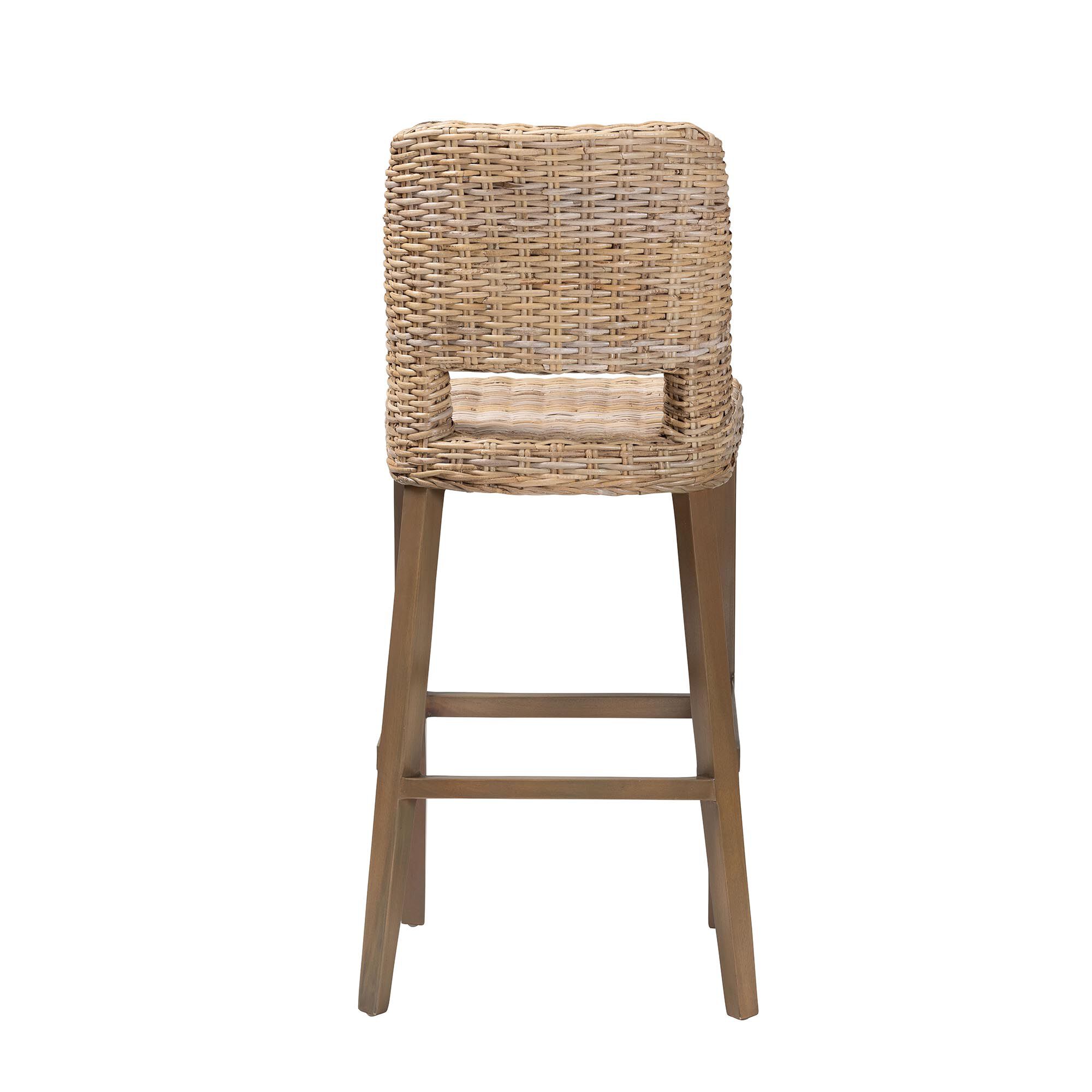 Magy Modern Bohemian Grey Kubu Rattan and Mahogany Wood Bar Stool, GREY, alternate image number 5