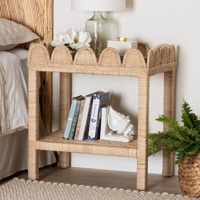 Sumana Bohemian Scallop Natural Rattan and Mahogany Side Table, NATURAL, hi-res image number 0