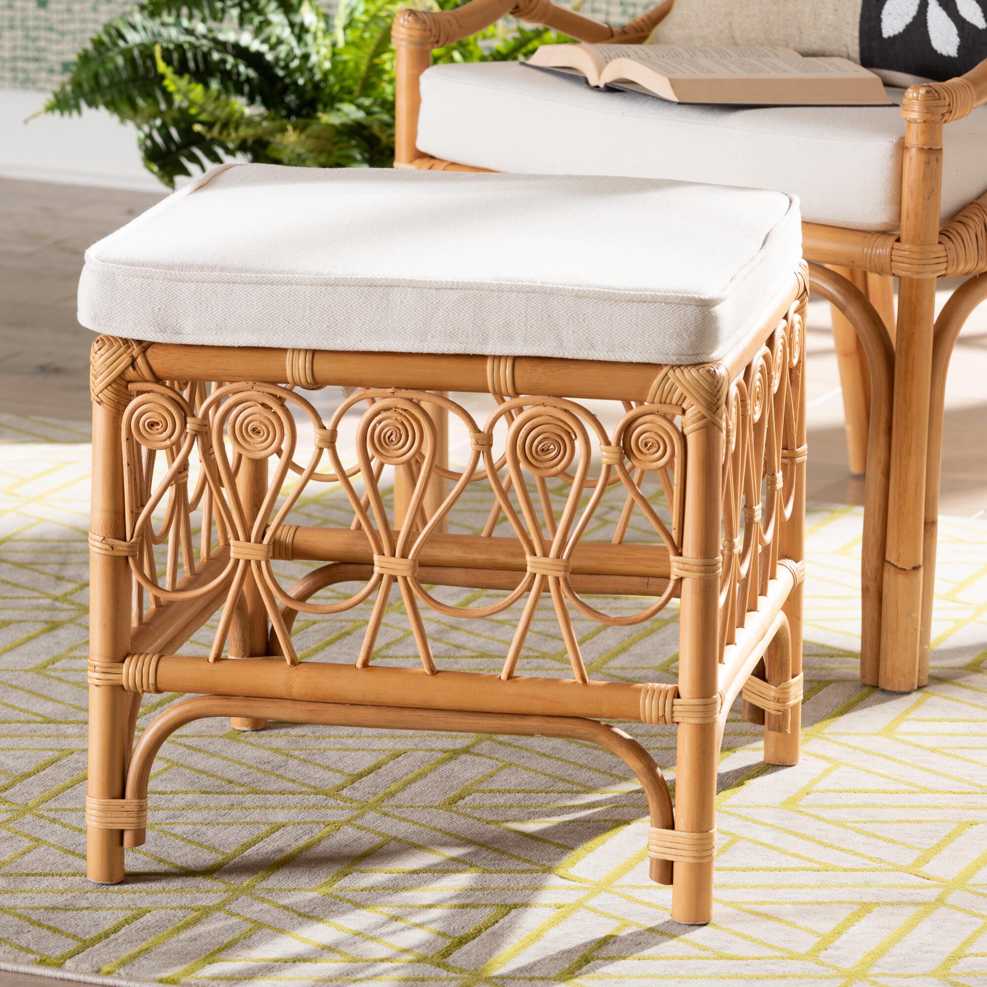 Ibiza Modern bohemian Natural Brown Rattan Footstool, WHITE, hi-res image number 0