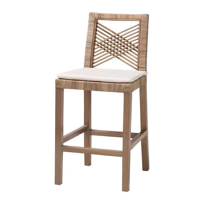 Poltak Modern Bohemian Grey Natural Kubu Rattan And Mahogany Wood Counter Stool, GREY TAUPE, hi-res image number null