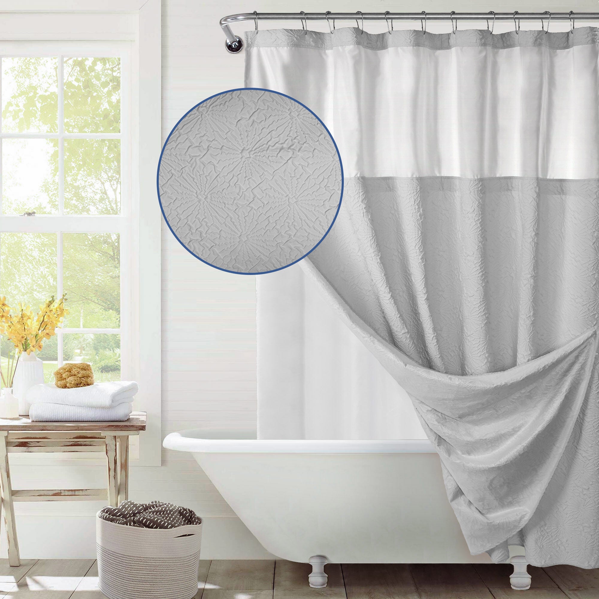 Starburst Crinkle Shower Curtain with Snap-in Liner, Hooks Included, LIGHT GREY, hi-res image number 0