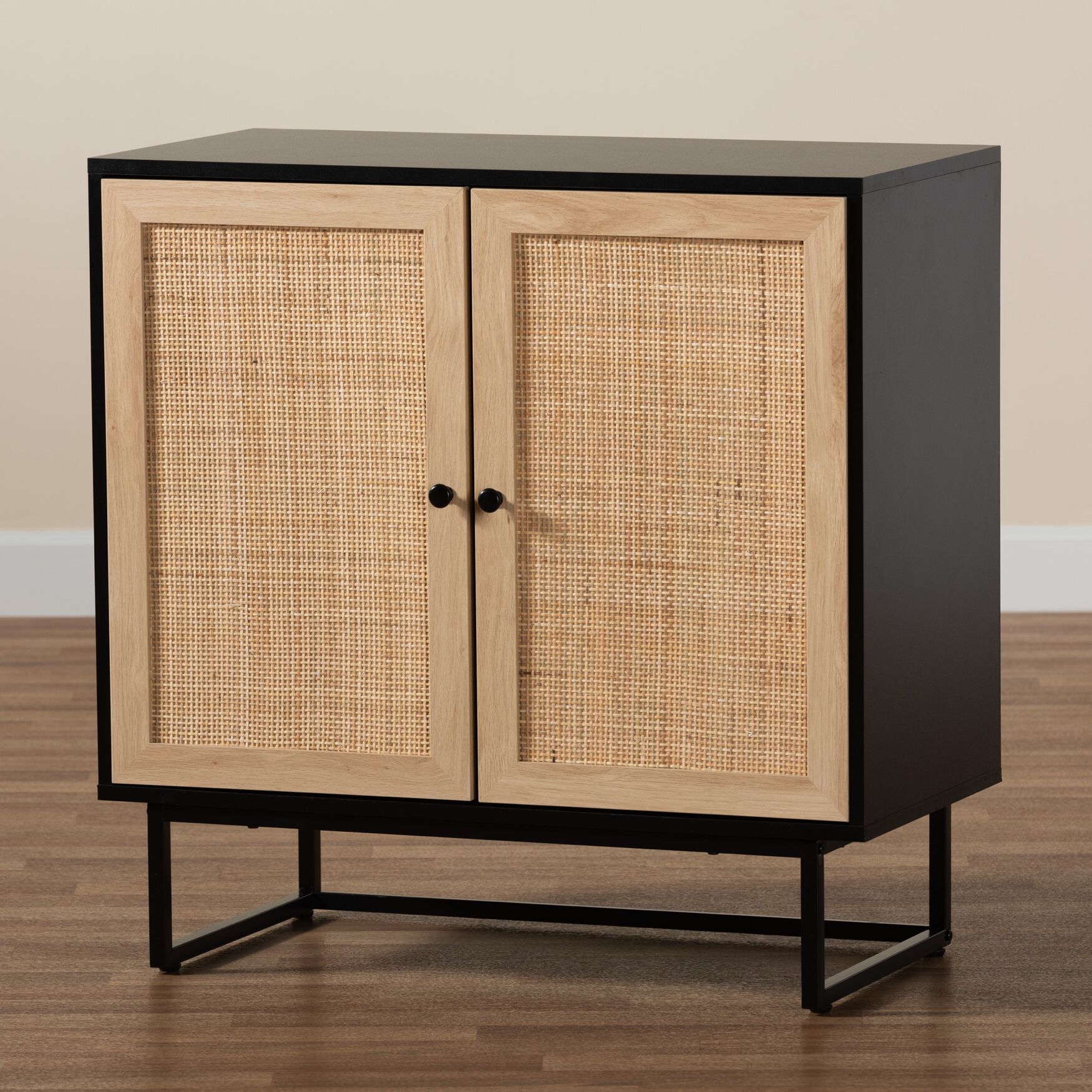 Declan Mid-Century Modern Espresso Brown Finished Wood And Natural Rattan 2-Door Storage Cabinet, , alternate image number 8
