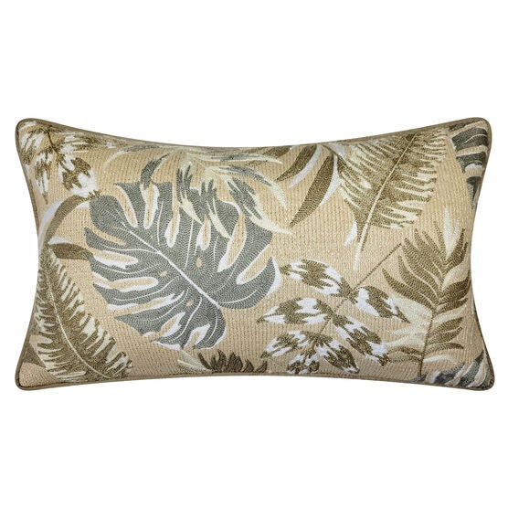 New York Botanical Garden® Indoor/Outdoor Raffia Embroidered Leaves Decorative Throw Pillow 12X20, Green Multi, CREAM MULTI, hi-res image number null