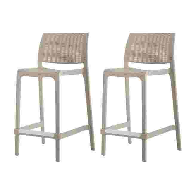 Set of 2 outdoor stackable counter stools, woven back and seat
