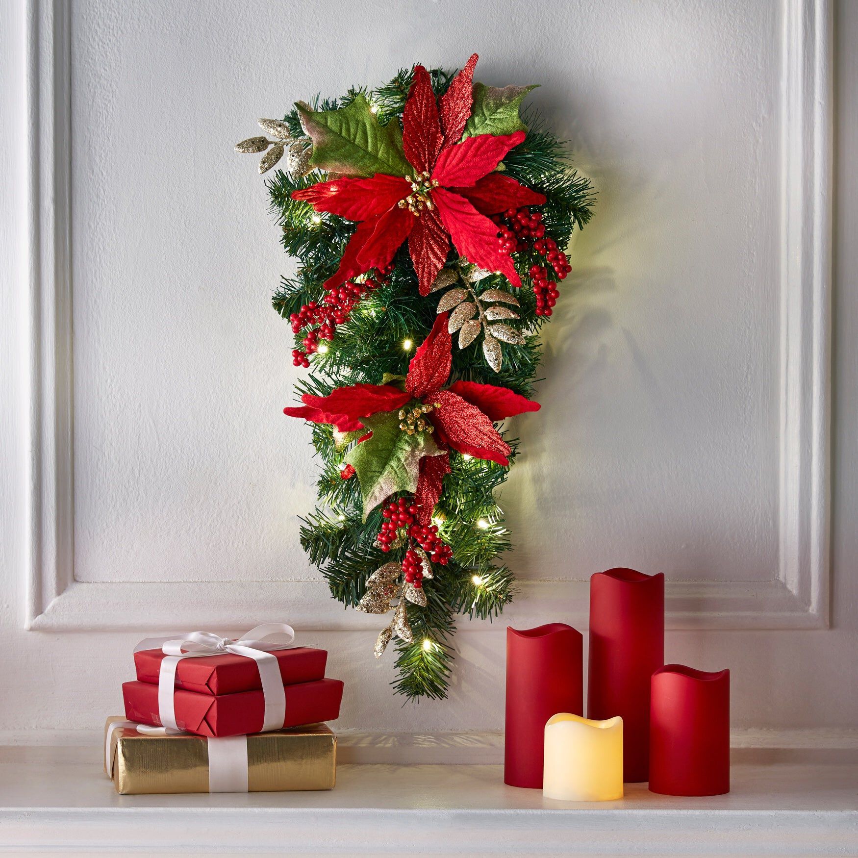 24 inches Pre-Lit Poinsettia Swag, RED, hi-res image number 0