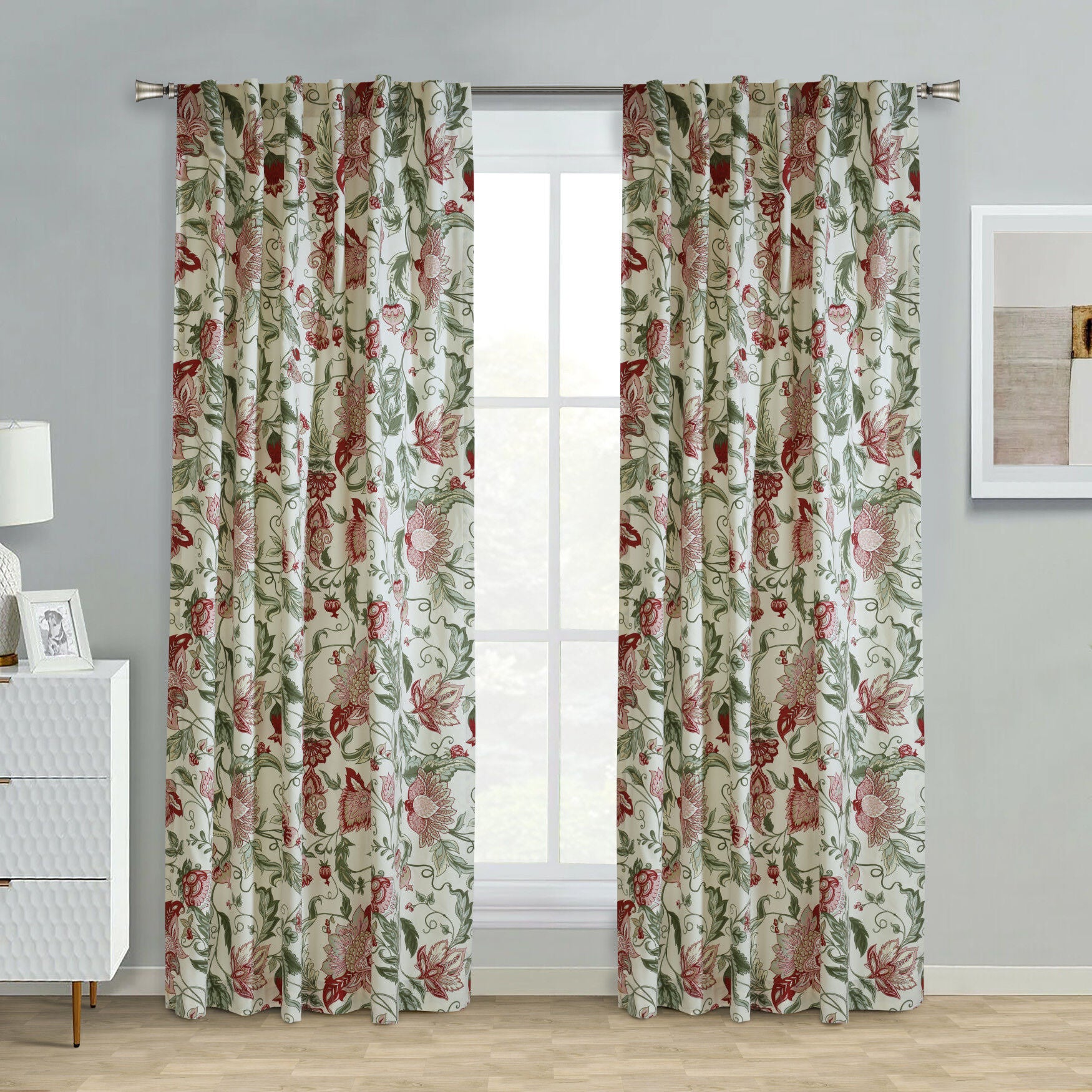 Jacobean Garden Light Filtering Dual Header Curtain Panel, RED, hi-res image number 0