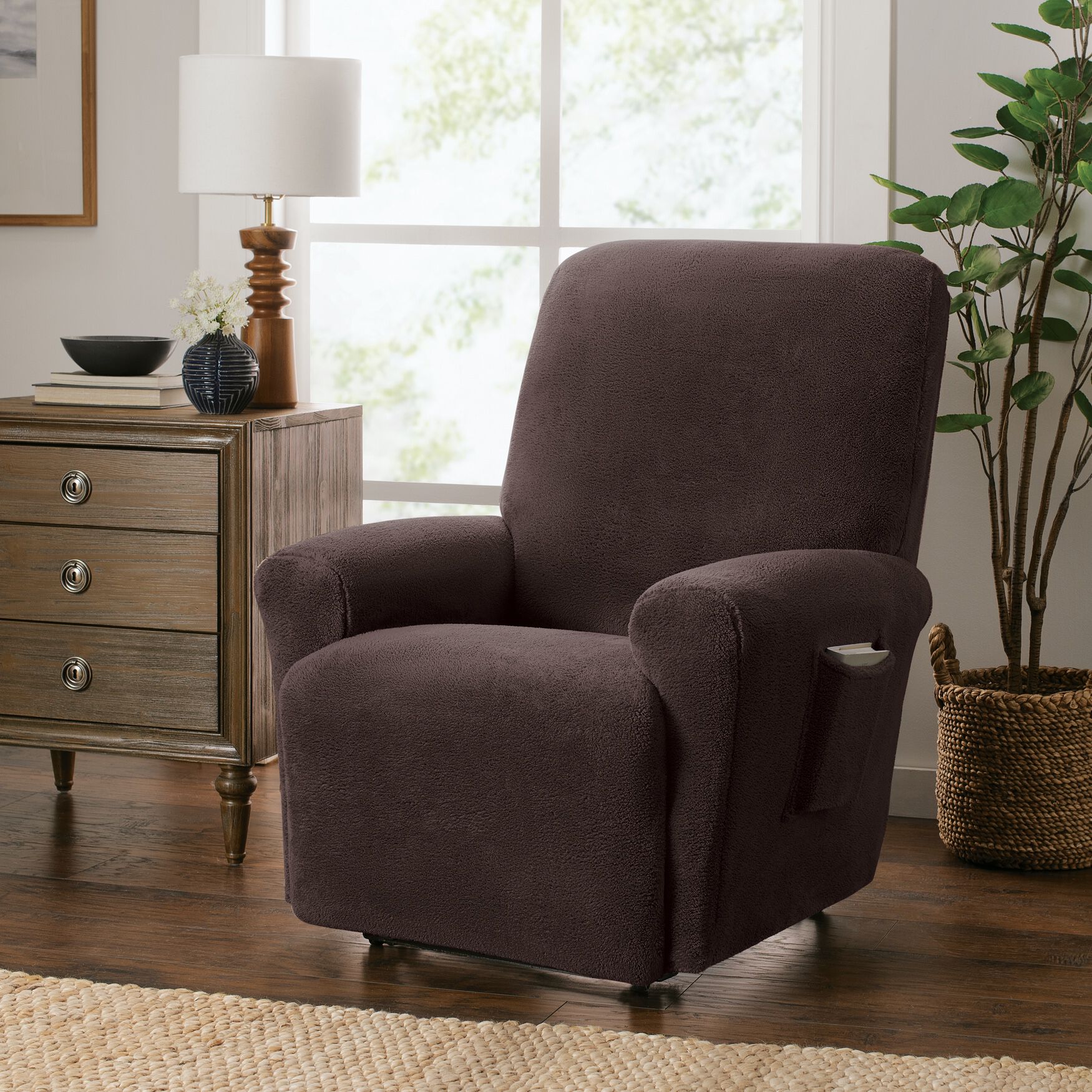 Stretch Sherpa Recliner Cover, CHOCOLATE, hi-res image number 0