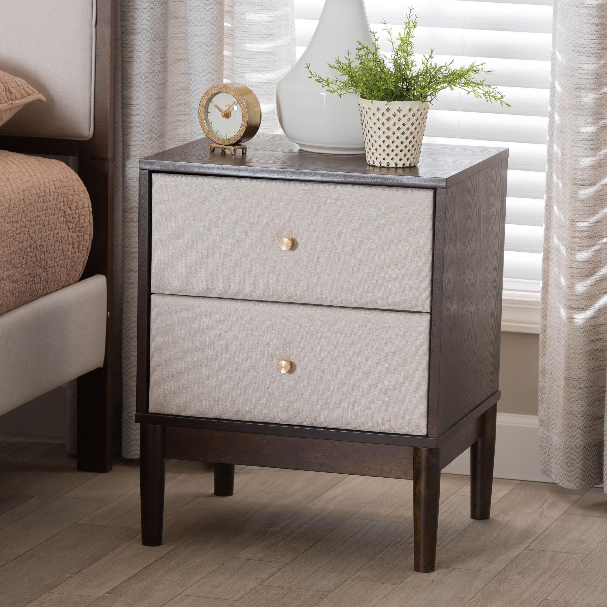 Nikolai Mid-Century Beige Fabric and Wenge Brown Wood 2-Drawer Nightstand, BEIGE, hi-res image number 0