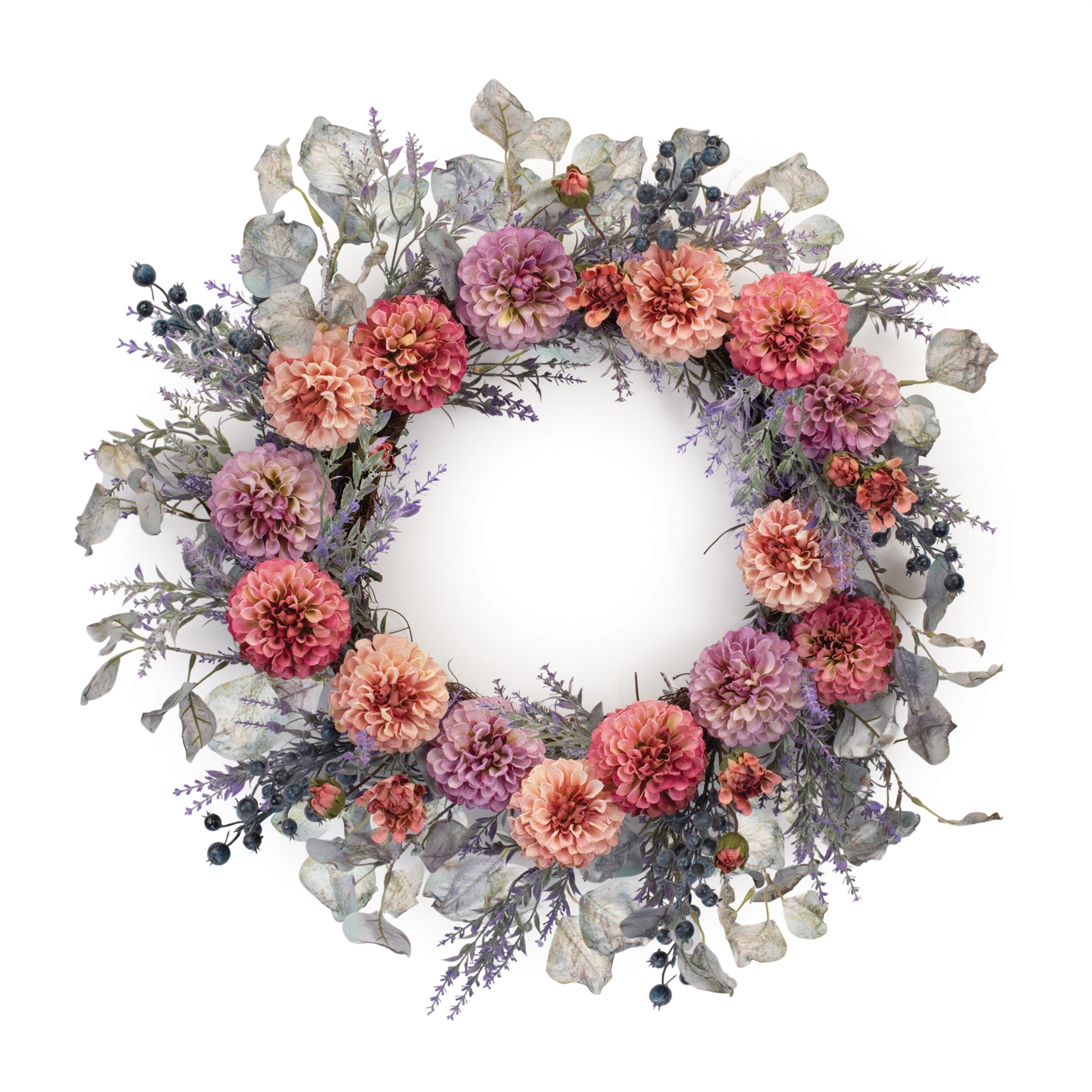 Mixed Zinnia Floral Wreath 24 inchesD, PURPLE/PINK/GREEN, alternate image number 1