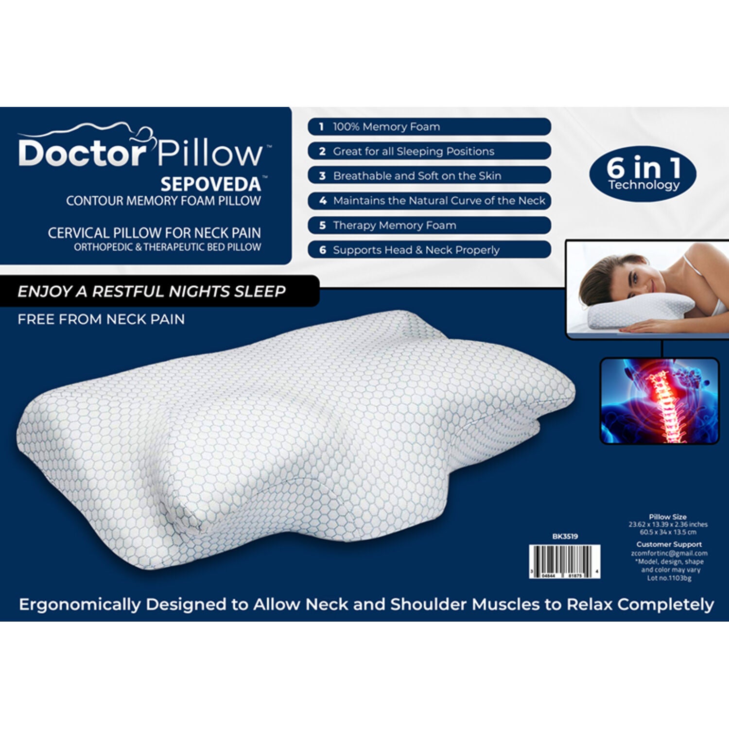 Sepoveda Contour Memory Foam Pillow, WHITE, alternate image number 4