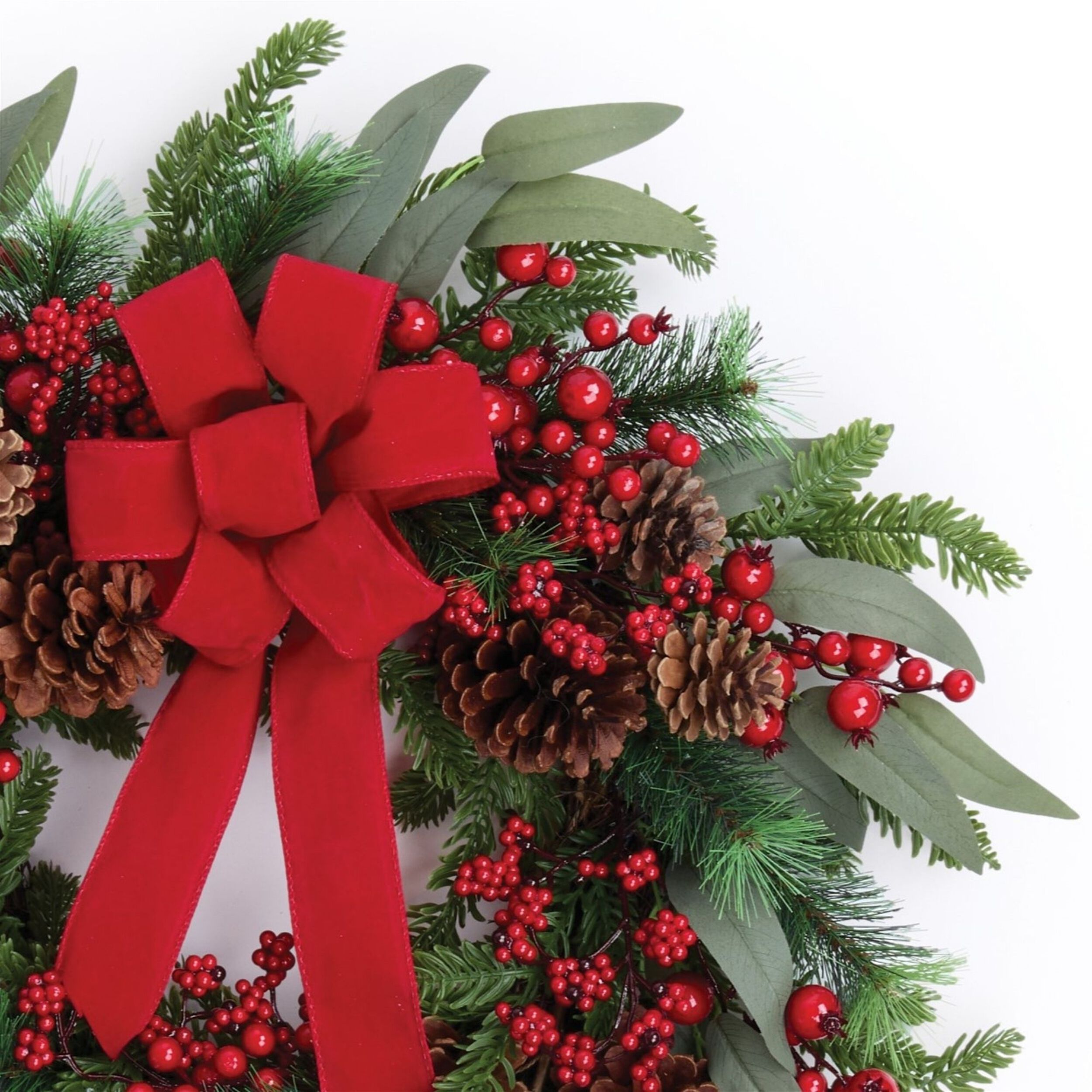 Fresh Touch Pine and Berry Wreath with Bow 24 inchesD, RED GREEN BROWN, alternate image number 3