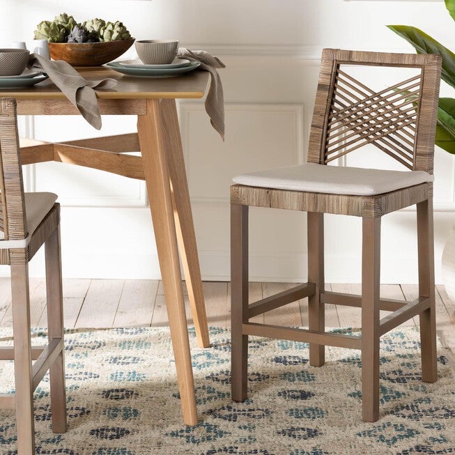 Poltak Modern Bohemian Grey Natural Kubu Rattan And Mahogany Wood Counter Stool, , alternate image number null