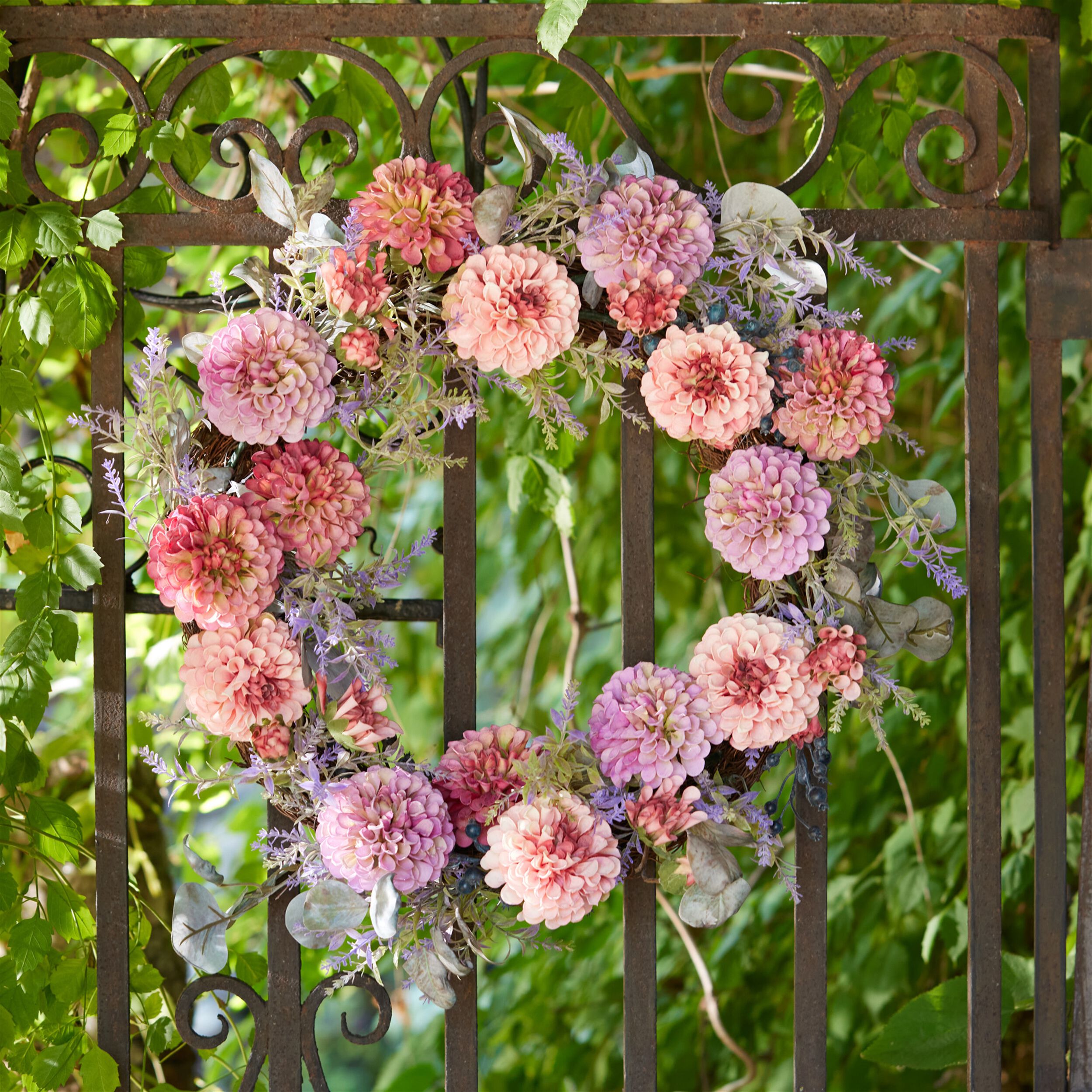 Mixed Zinnia Floral Wreath 24 inchesD, PURPLE/PINK/GREEN, alternate image number 2