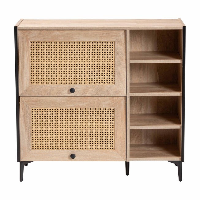Malcolm Mid-Century Modern Oak Brown Wood Shoe Cabinet with Flipper Doors, OAK, alternate image number 3