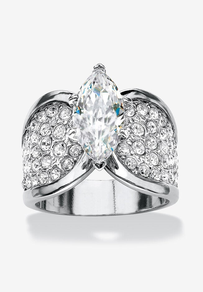 Platinum Plated Cubic Zirconia and Round Crystals Engagement Ring, SILVER, hi-res image number null
