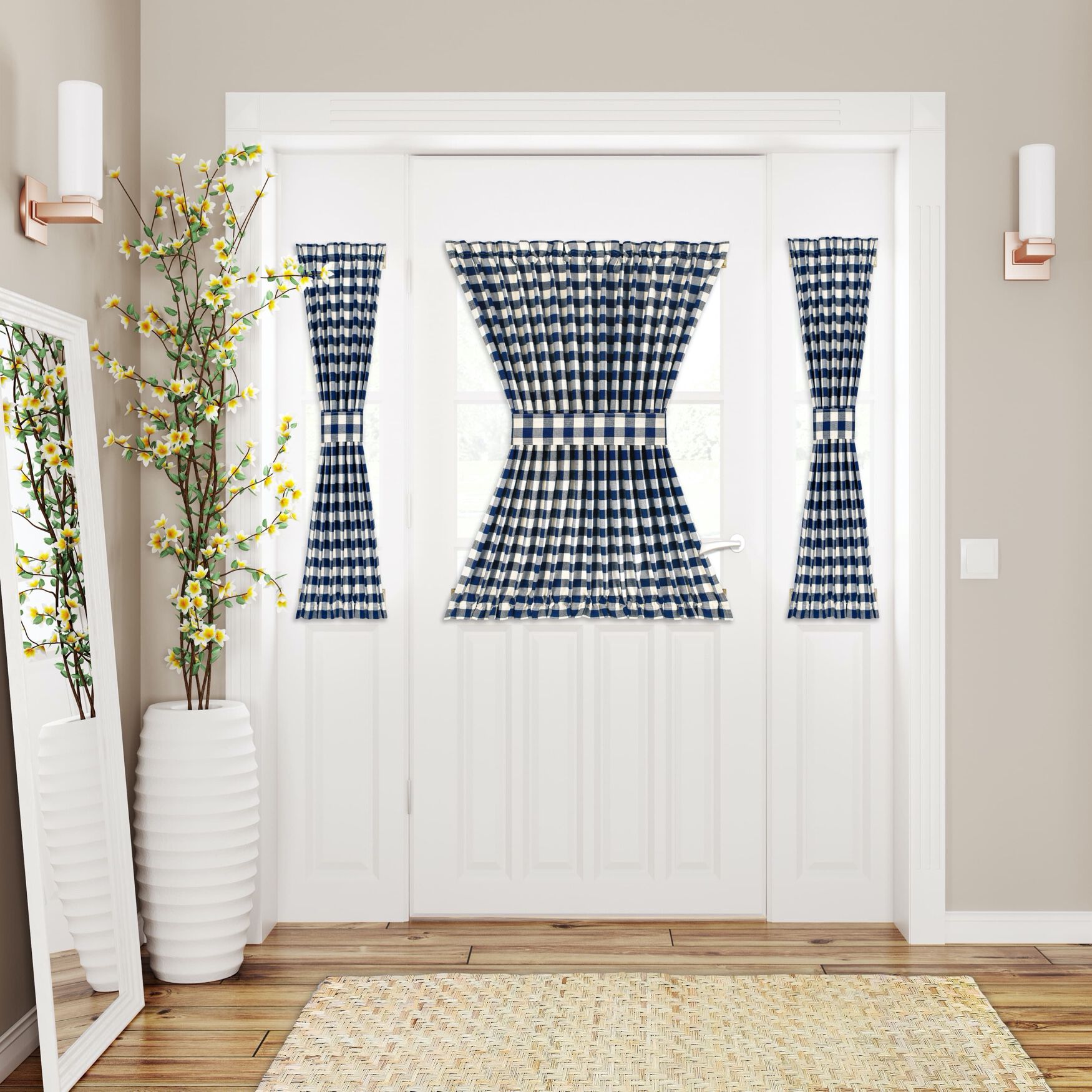 Buffalo Check Rod Pocket Door Panel And Tieback, NAVY, hi-res image number 0