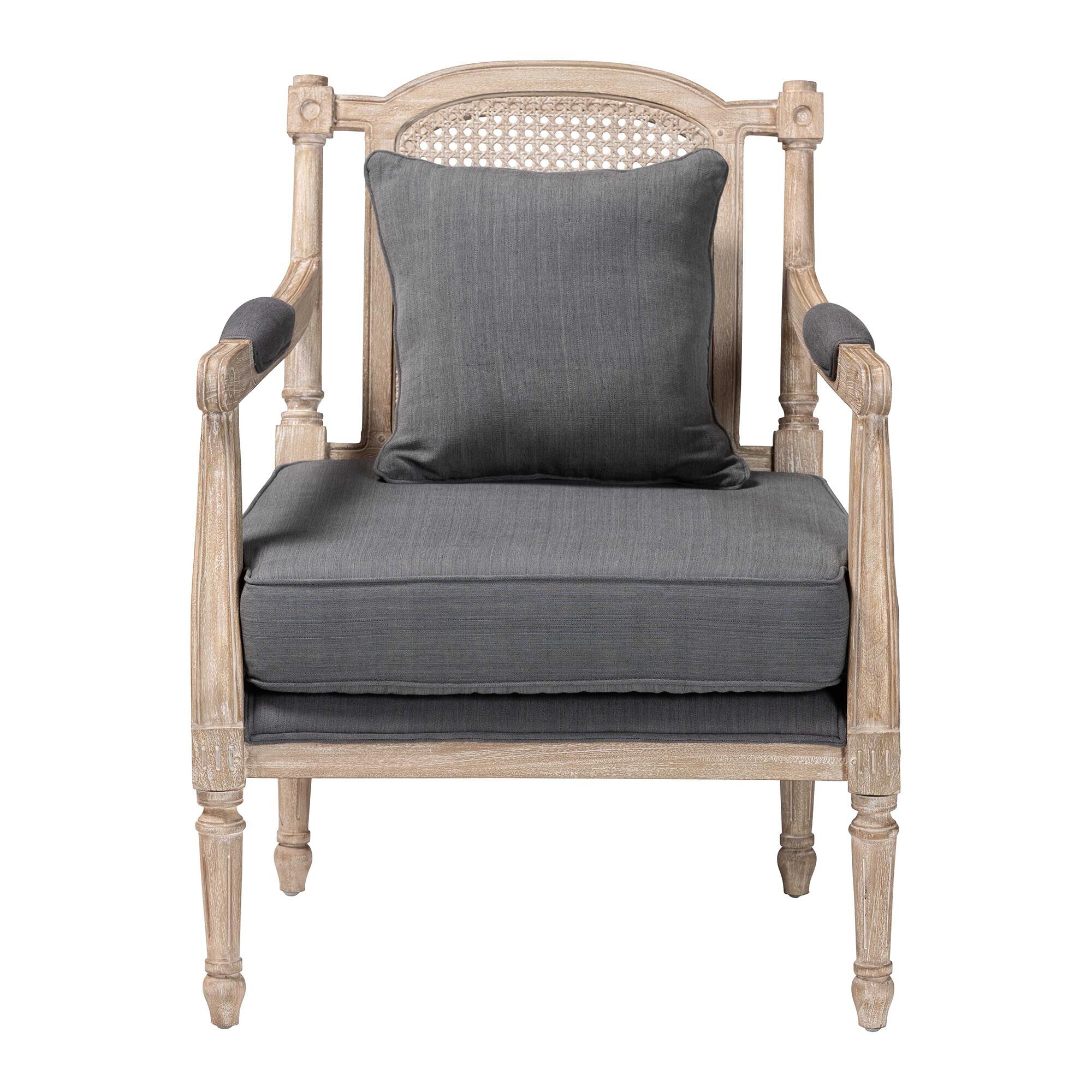 Clemence French Provincial Grey Fabric Whitewashed Mahogany Wood Armchair, GREY/WHITEWASHBROWN, alternate image number 2