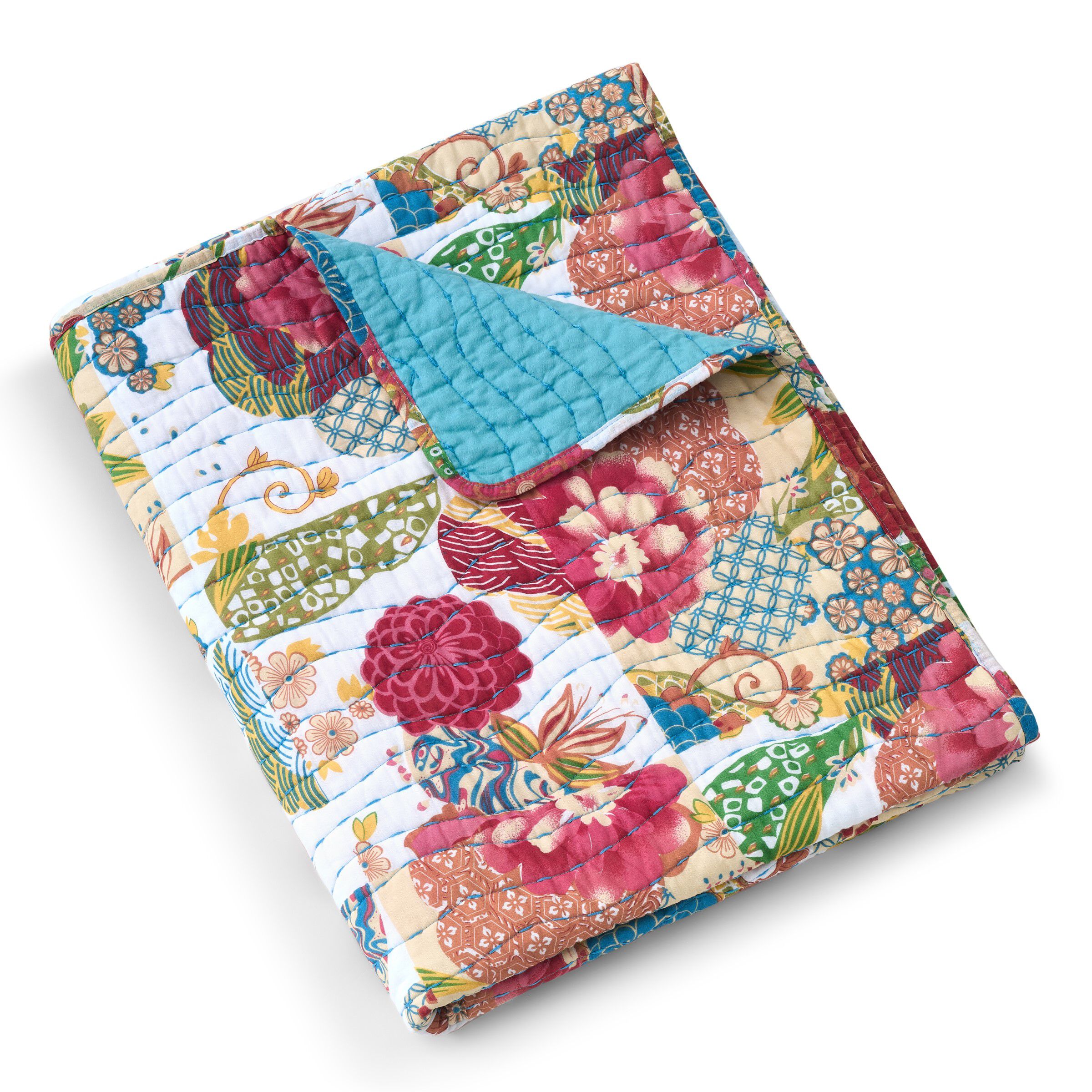 Jewel Floral Kantha Style Quilted Throw Blanket, White, WHITE, hi-res image number 0