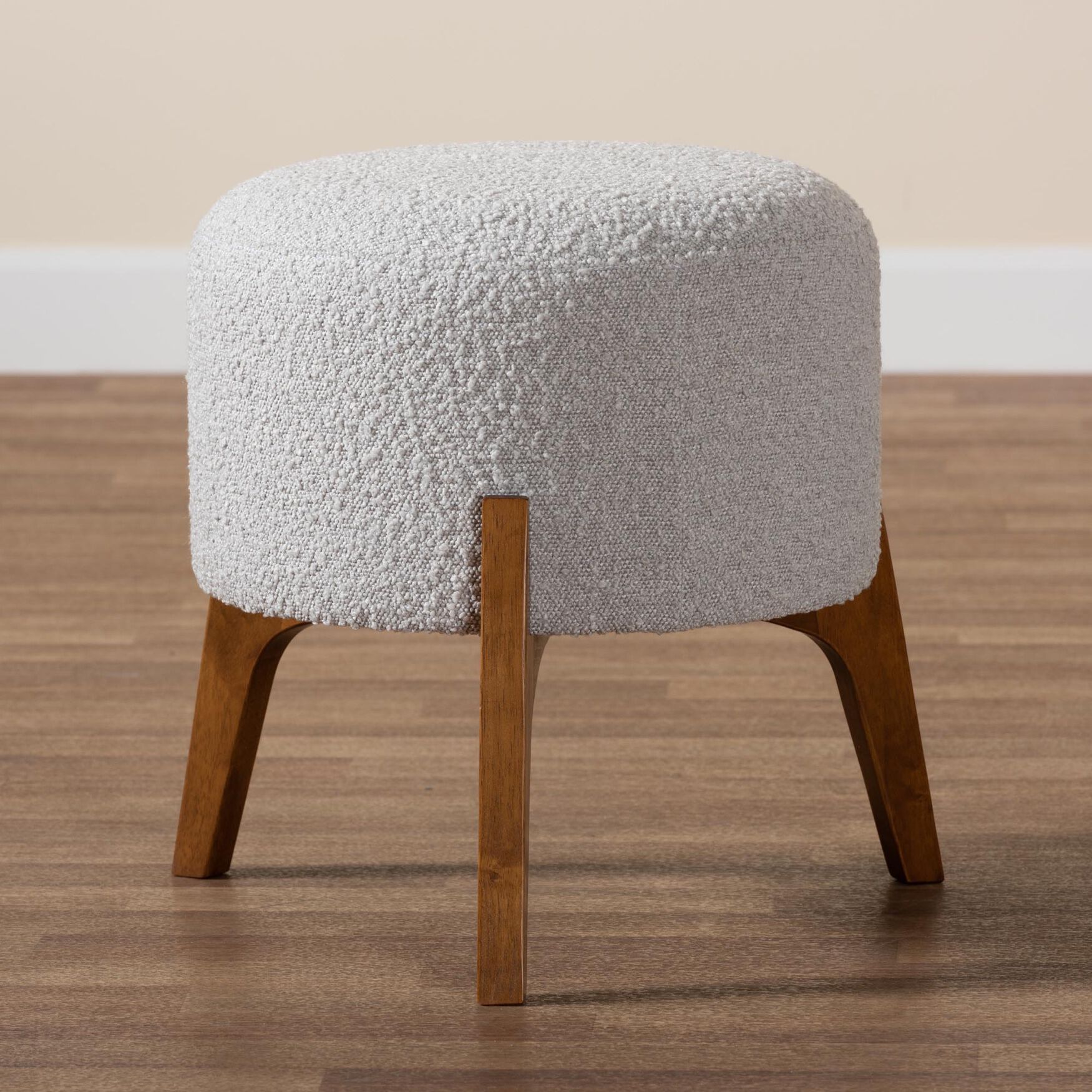 Elkie Japandi Cream Boucle Fabric And Walnut Brown Finished Wood Ottoman Footstool, , alternate image number 11